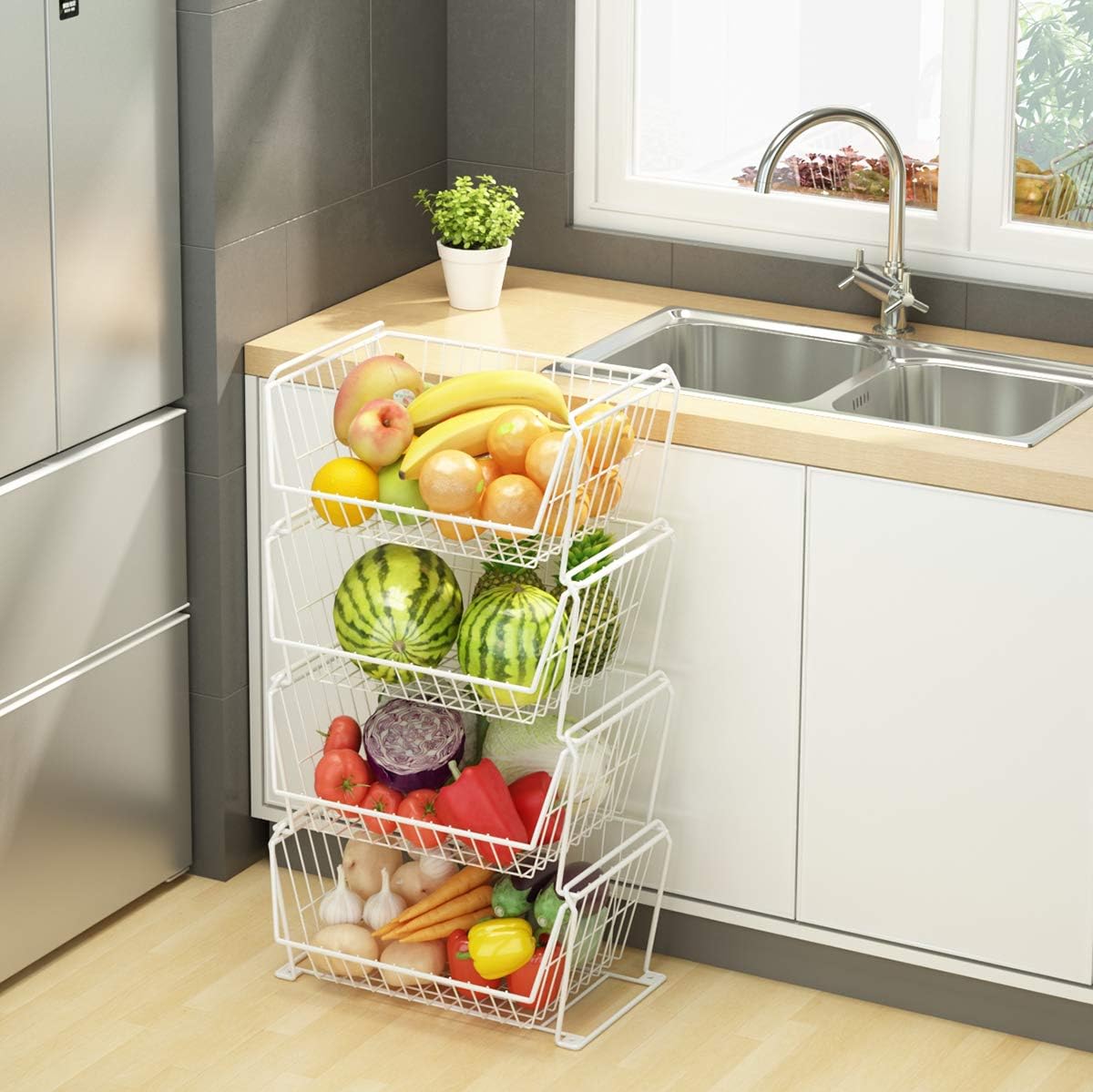 PUSDON Stackable Metal Storage Carts, Dual Use Shelf for Kitchen Fruit Vegetable Baskets with