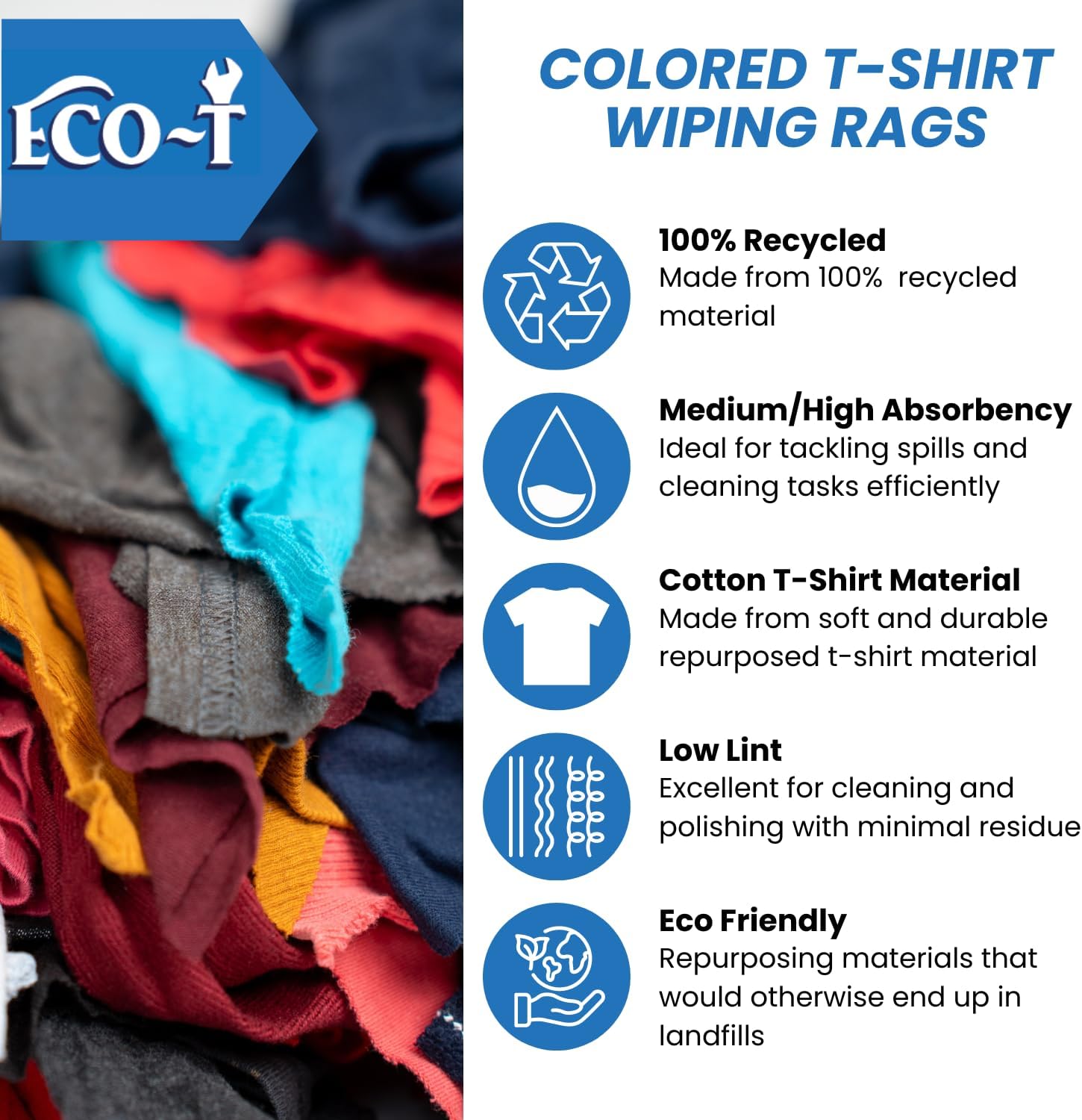 1 Lb Bag Eco-T Mechanic Shop Rags - Colored T-Shirt Material, 100% Recycled, Eco-Friendly, High