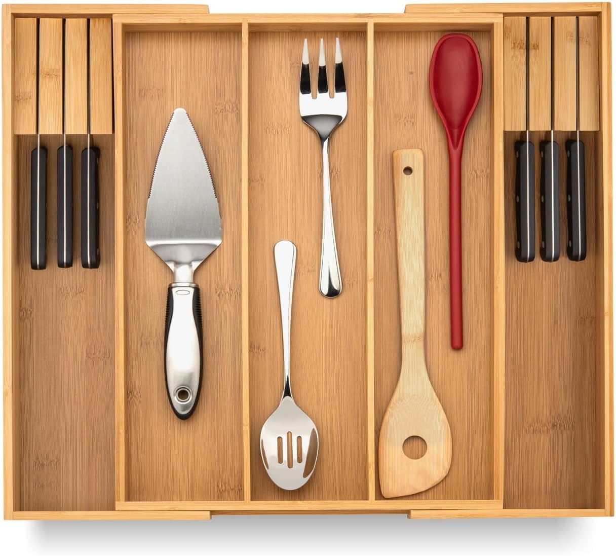 Purawood Kitchen Drawer Organizer with Knife Blocks - Utensil Drawer Organizer for Kitchen, Cutlery