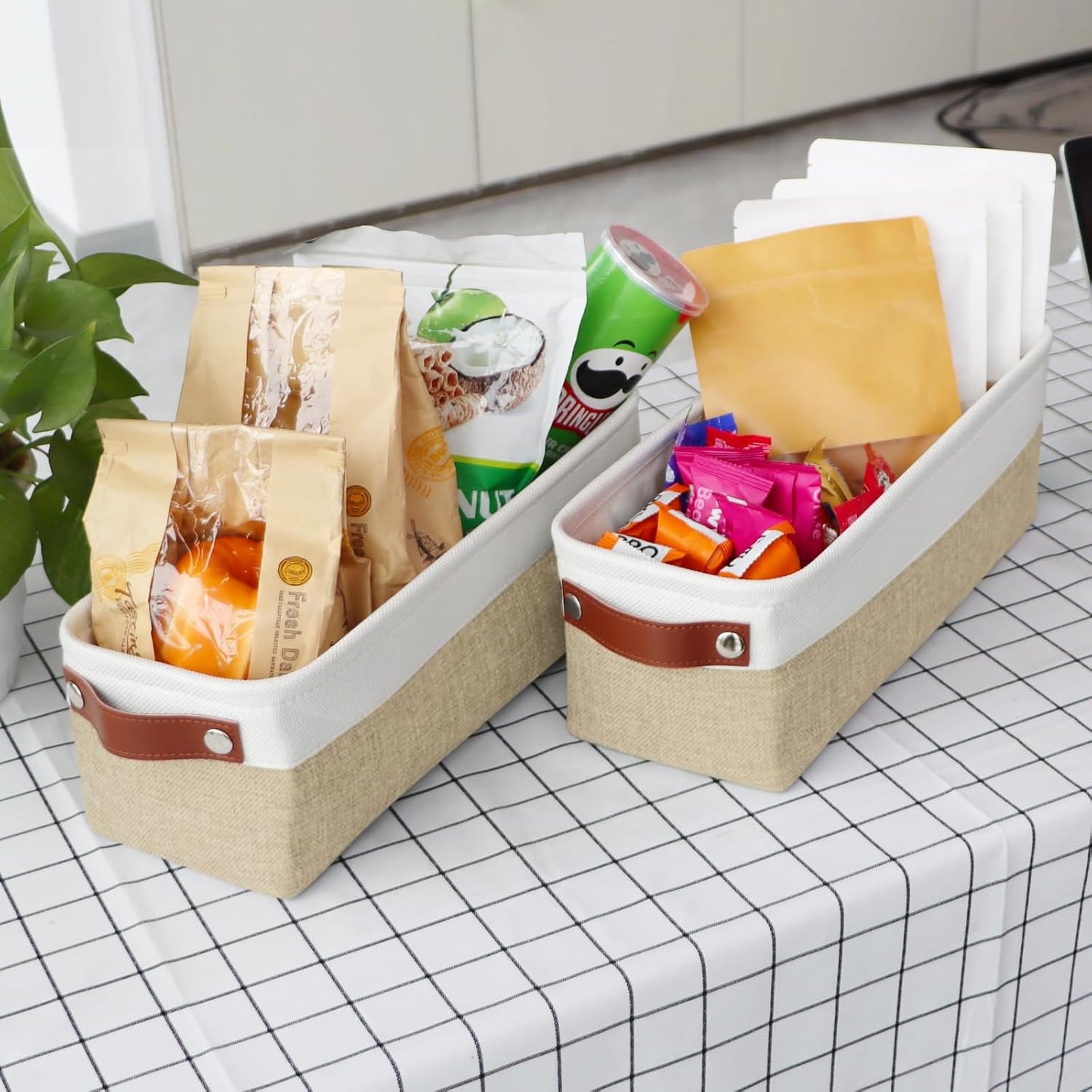 Univivi 4PC Long Narrow Storage Baskets, Small Fabric Storage Bins with PU Handles for