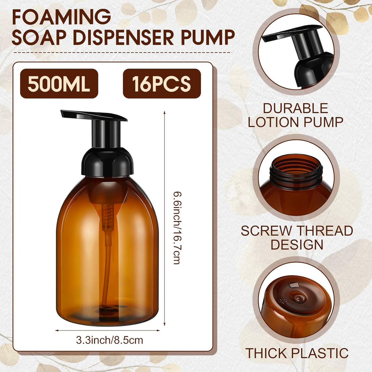 Uiifan 16 Pcs 17 oz Amber Foaming Soap Dispenser Refillable Foam Pump Bottle Liquid Plastic