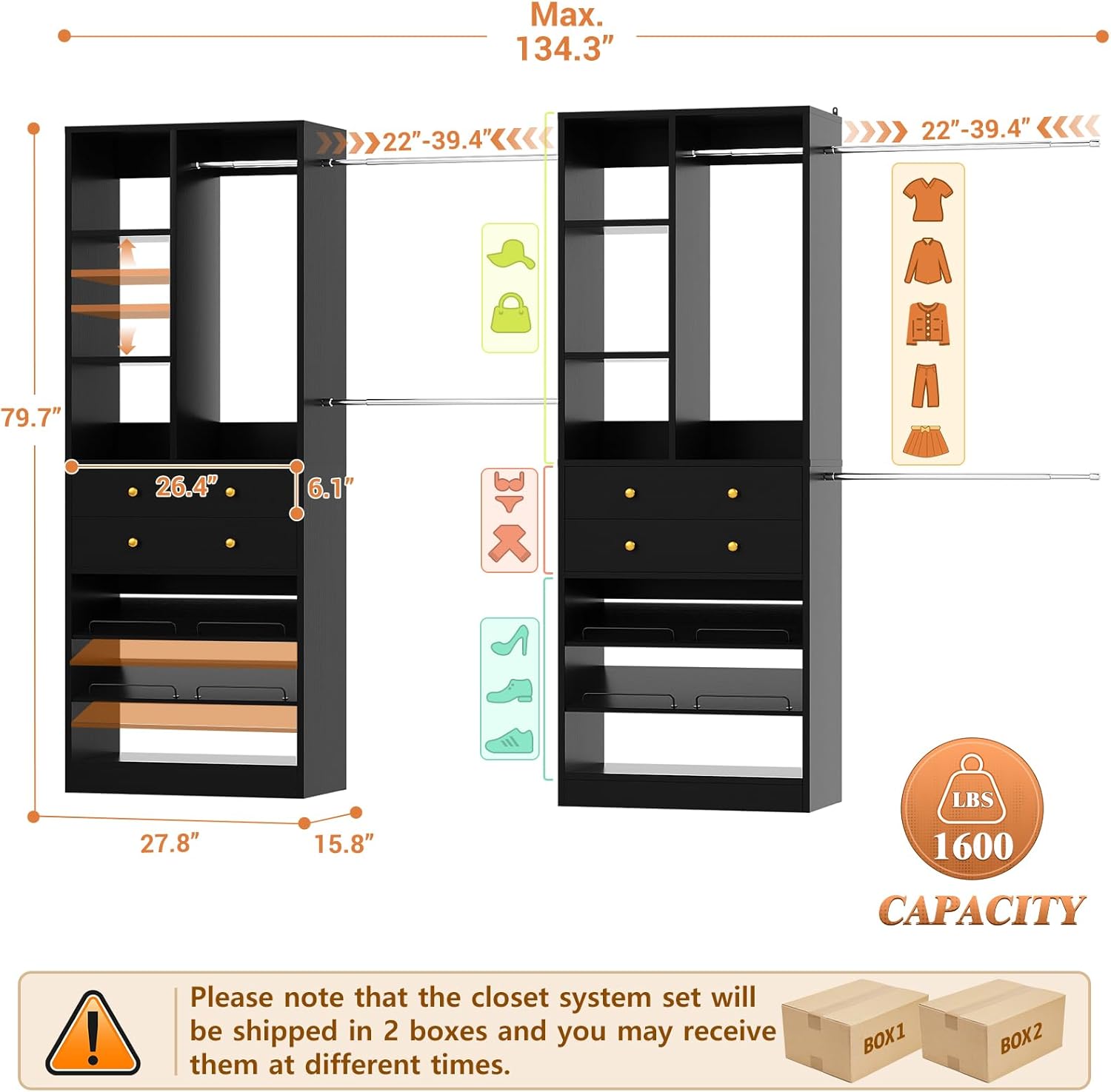 Closet System, Up to 134"/11.2 FT Closet Organizer with 4 Wooden Drawers and Shelves, Walk-in