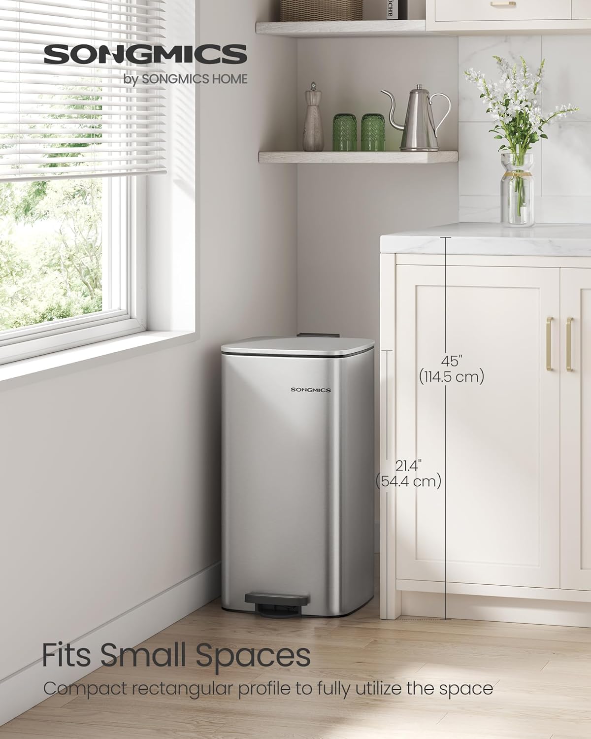 SONGMICS Kitchen Trash Can, 8-Gallon (30 L) Trash Bin, Stainless Steel Garbage Can, with Inner