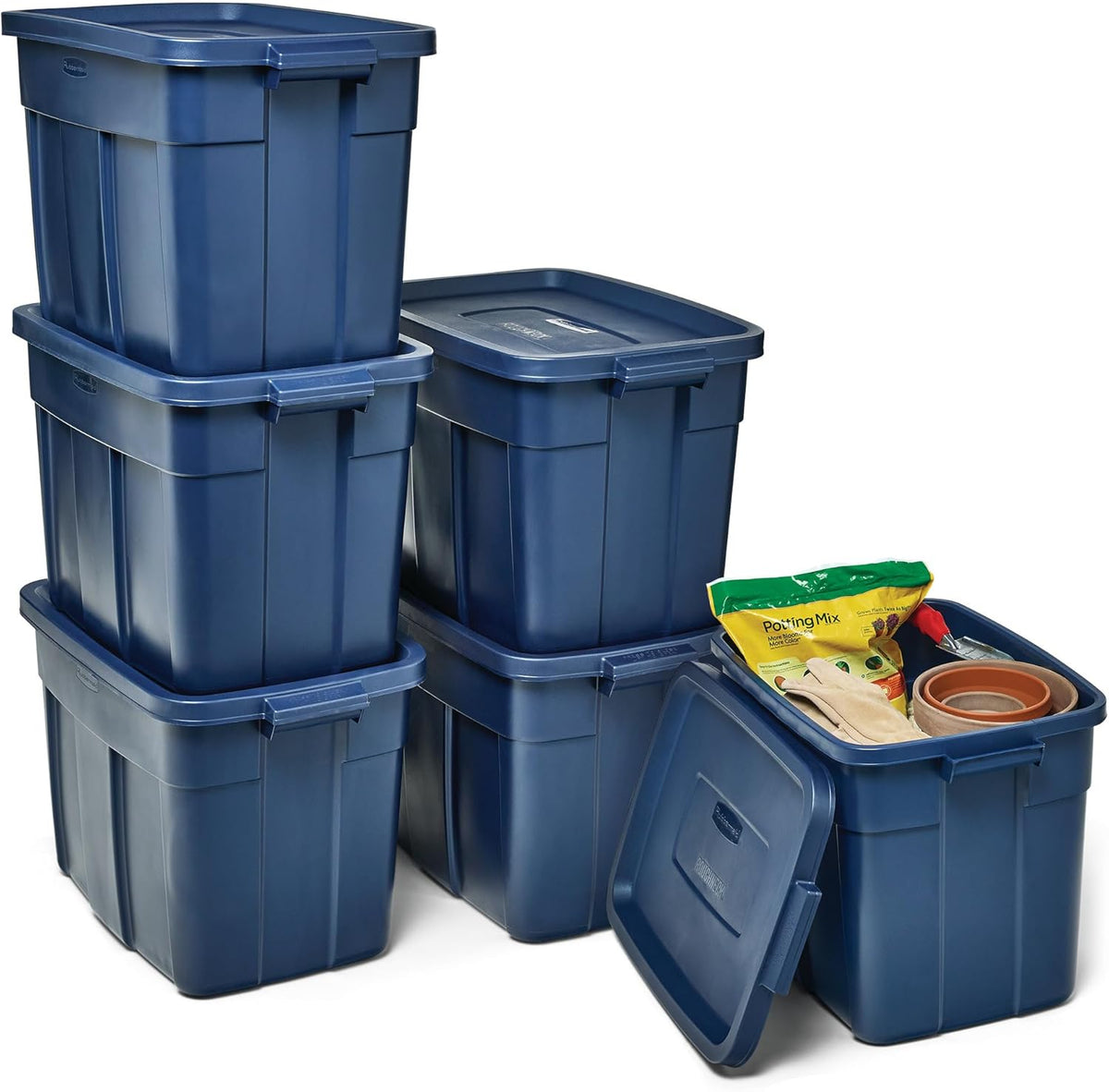 Rubbermaid Roughneck Tote 18 Gal, 6 Pack, Made in USA, Dark Indigo Metallic, Rugged Plastic