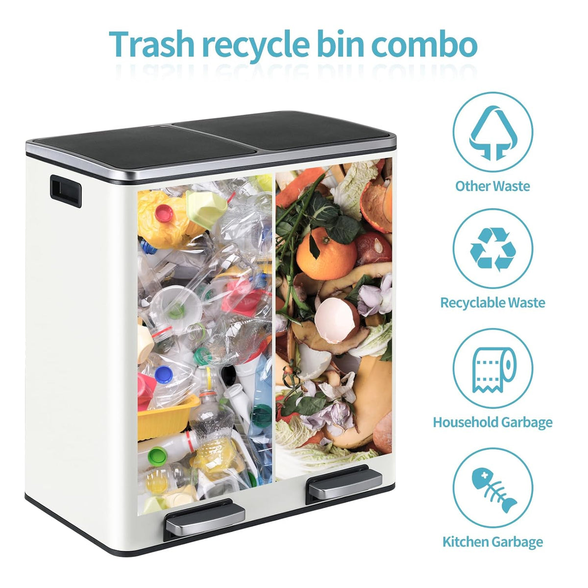16 Gallon Rectangular Stainless Steel Trash Can, Dual Compartment Garbage Bin with Recycling Combo