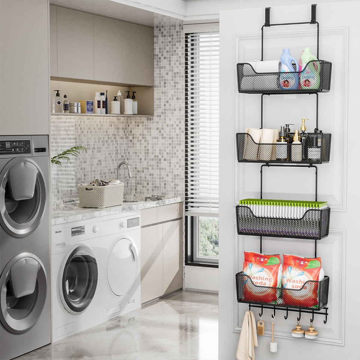 HapiRm Over The Door Organizer - Hanging Door Organizer with 4 Metal Large Capacity Baskets and
