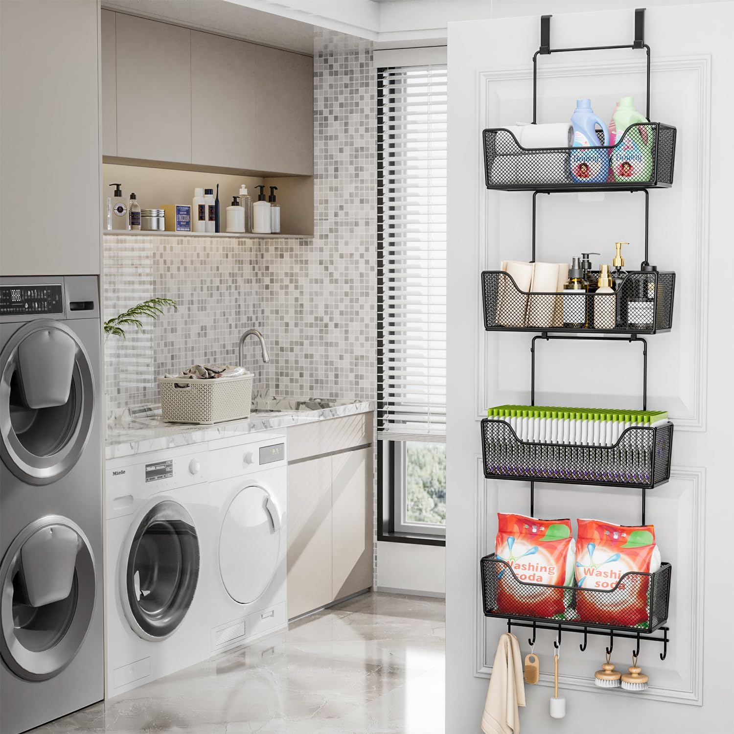 HapiRm Over The Door Organizer - Hanging Door Organizer with 4 Metal Large Capacity Baskets and