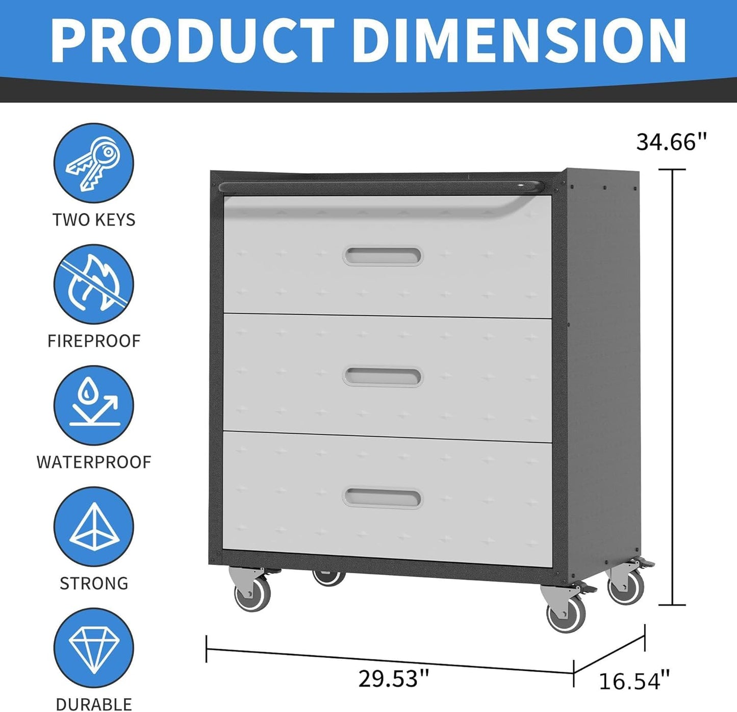 Metal Storage Cabinet with Wheels, Rolling Tool Cabinet, Garage Storage Cabinet with 3 Drawer for