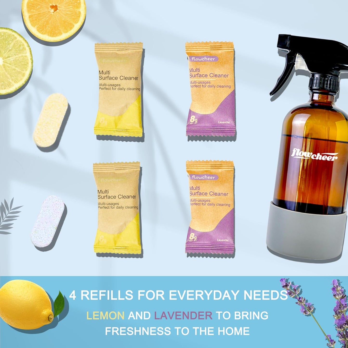 Multi-Surface Cleaner Kits-2 Pack Reusable Spray Bottles & 4 Pack All Purpose Cleaner Refills