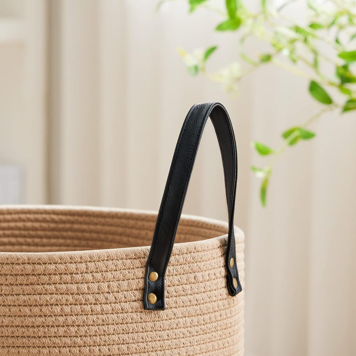 VIPOSCO Tall Laundry Basket, Large Dirty Clothes Hamper with Leather Handle, Woven Rope Storage