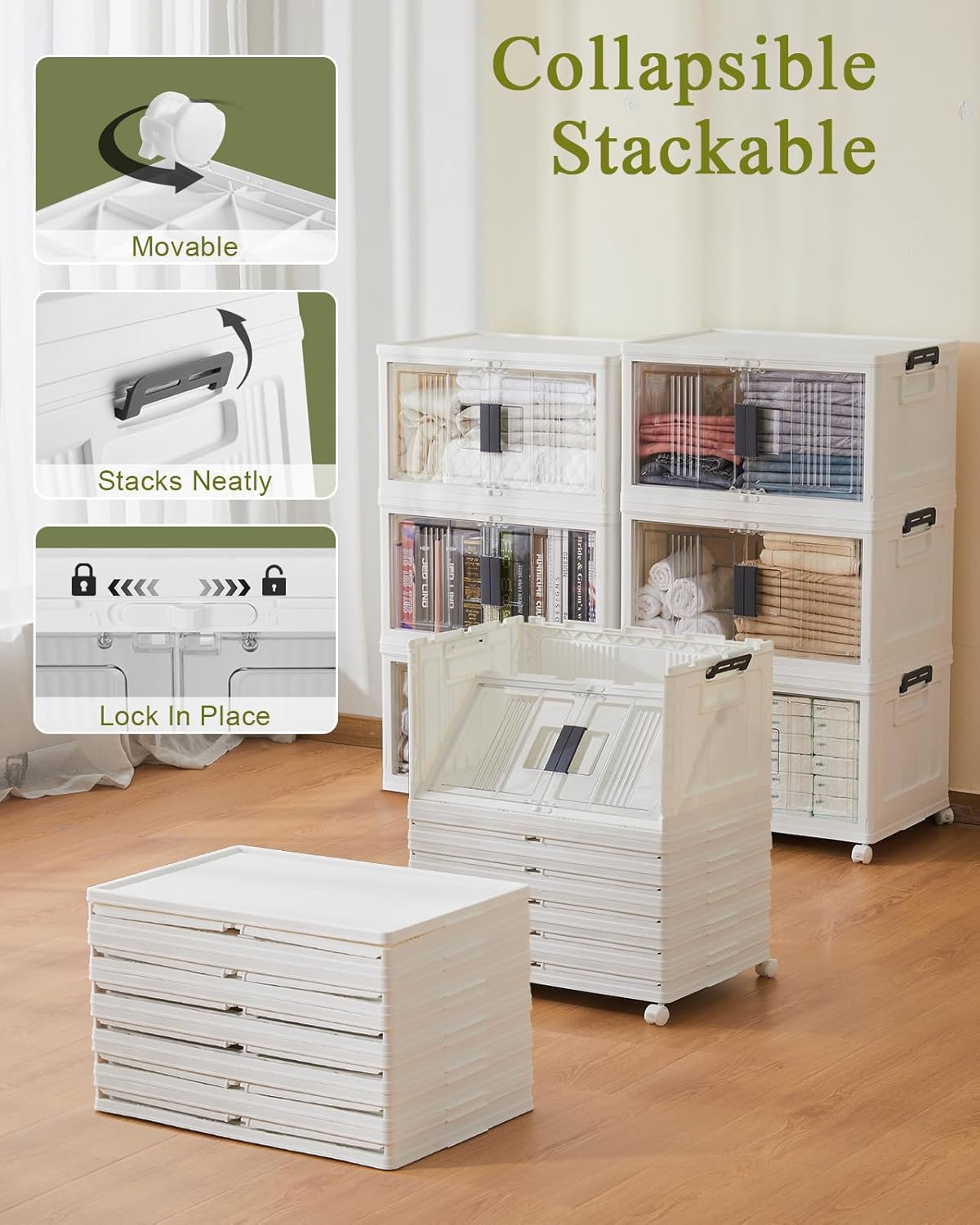 OlarHike 48QT Stackable Storage Bins with Lids - Folding Storage Boxes with Doors and Wheels