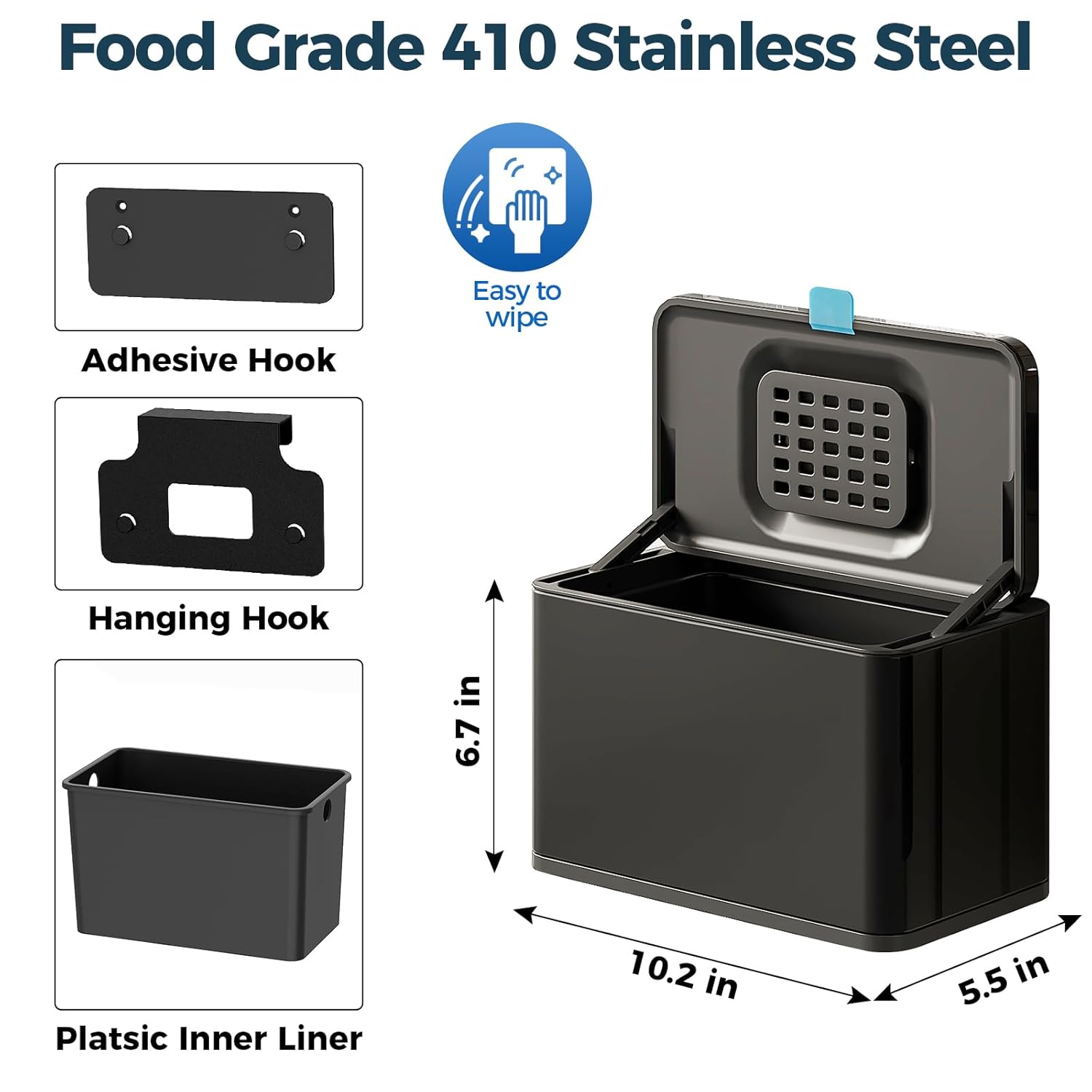 Stainless Steel Hanging Trash Can with Lid and Inner Bucket, 1 Gallon Kitchen Compost Bin for