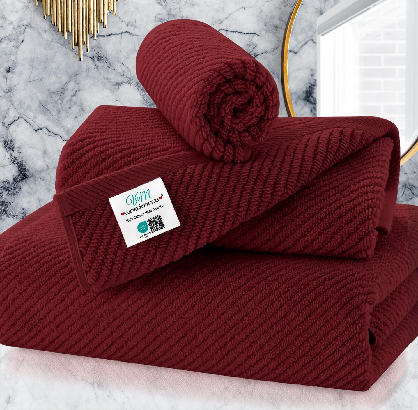 VOOVA & MOVAS 3 Piece Towel Set - 100% Cotton | Quick Dry | Soft | Thick,1 Large Bath 30" x 56", 1