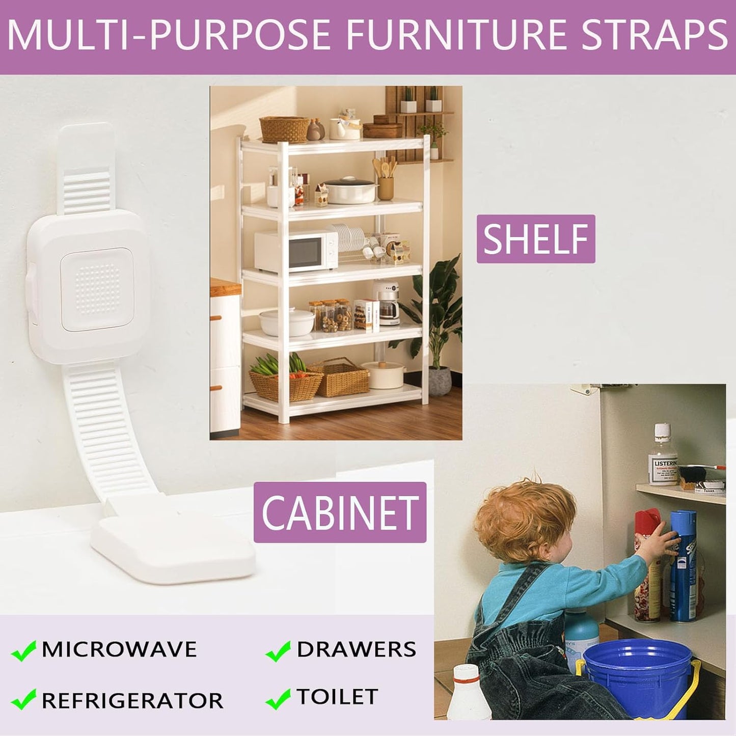 Upgraded No Drill Adhesive Furniture Anchor, Adjustable Anti Tip Furniture Wall Straps for Baby