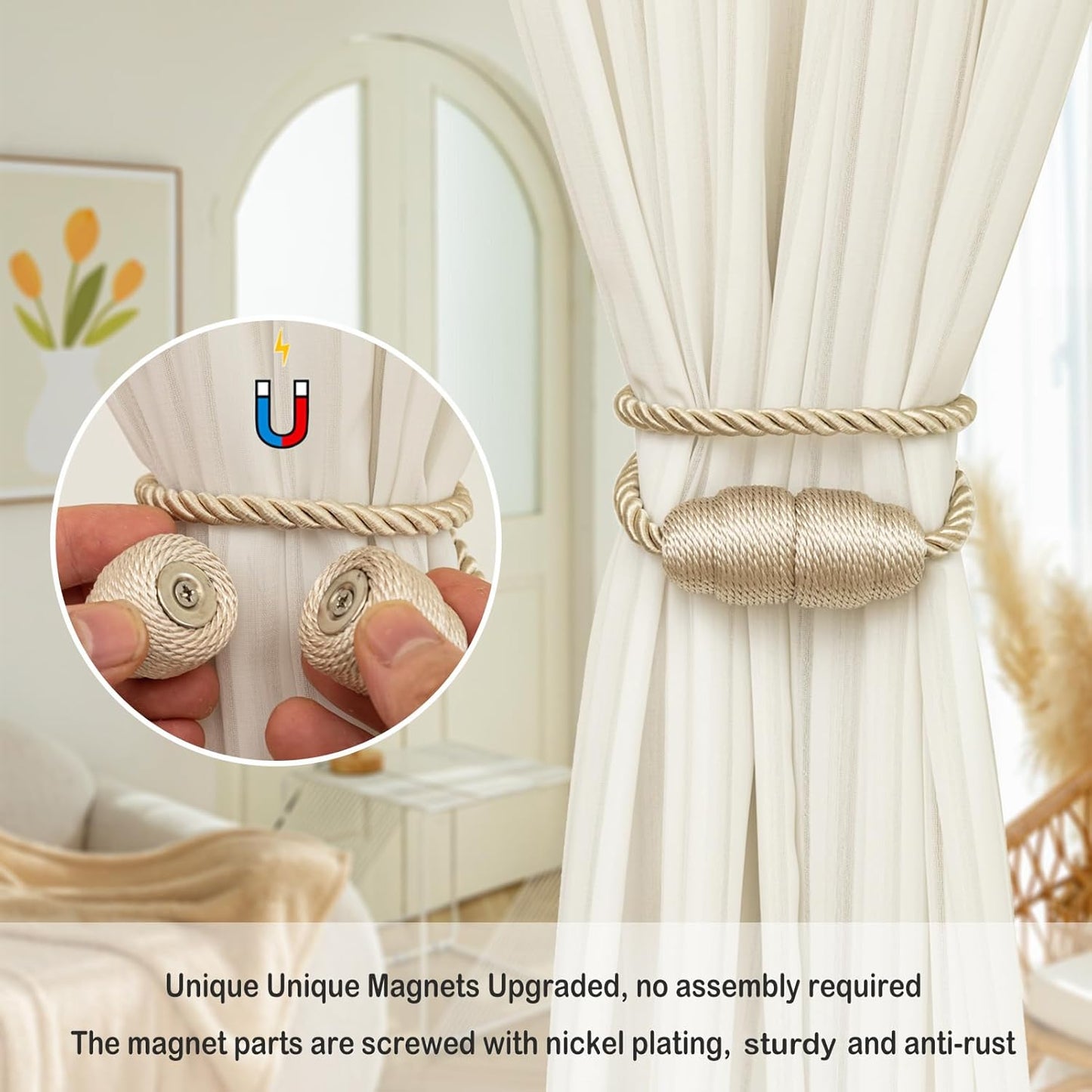 Magnetic Curtain Tiebacks Rope Curtain Tie Backs for Curtains 4 Pack Curtain Holders for Drapes