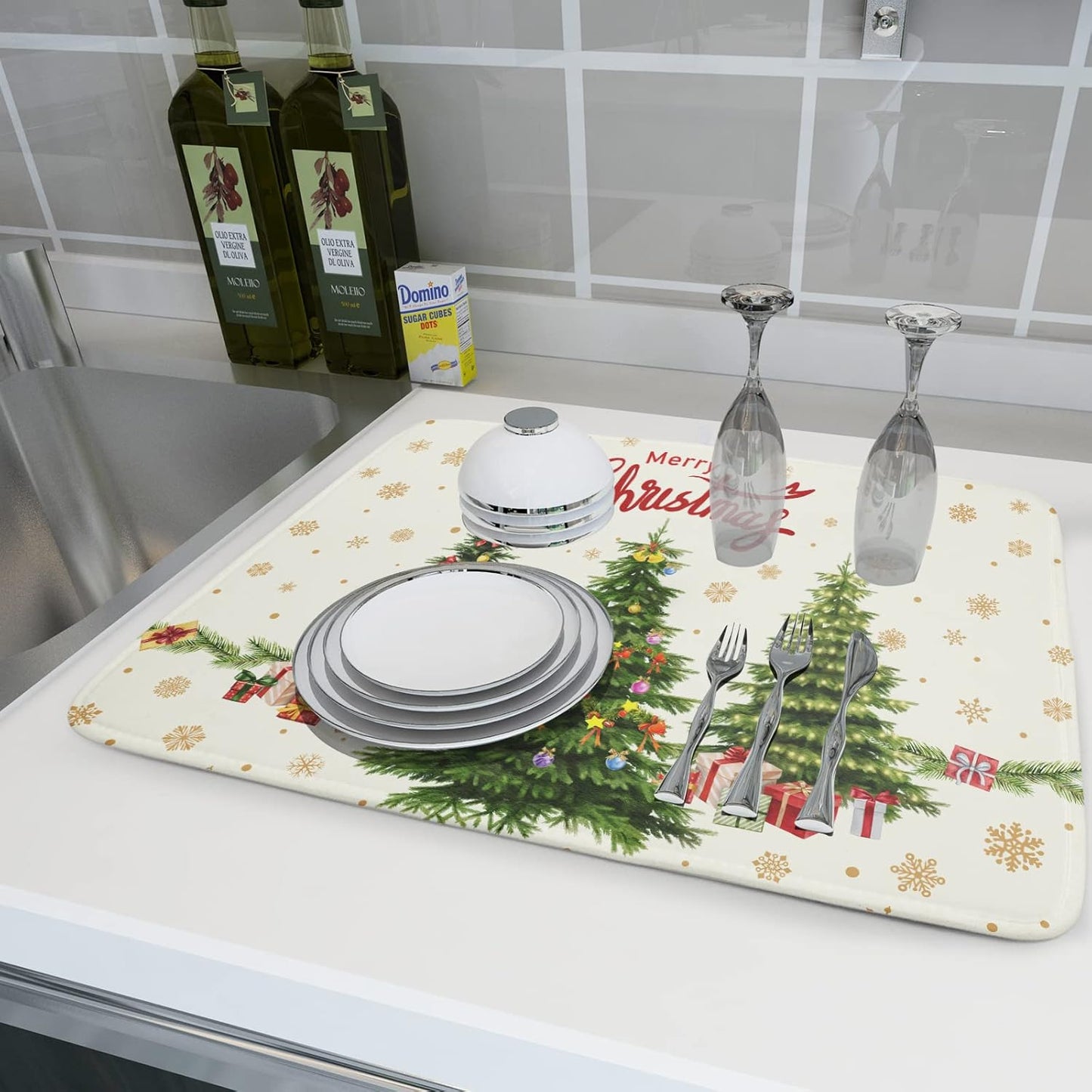 Christmas Tree Dish Drying Mat 18x24 for Winter Xmas Tree Snowflake Kitchen Counter Decor Absorbent