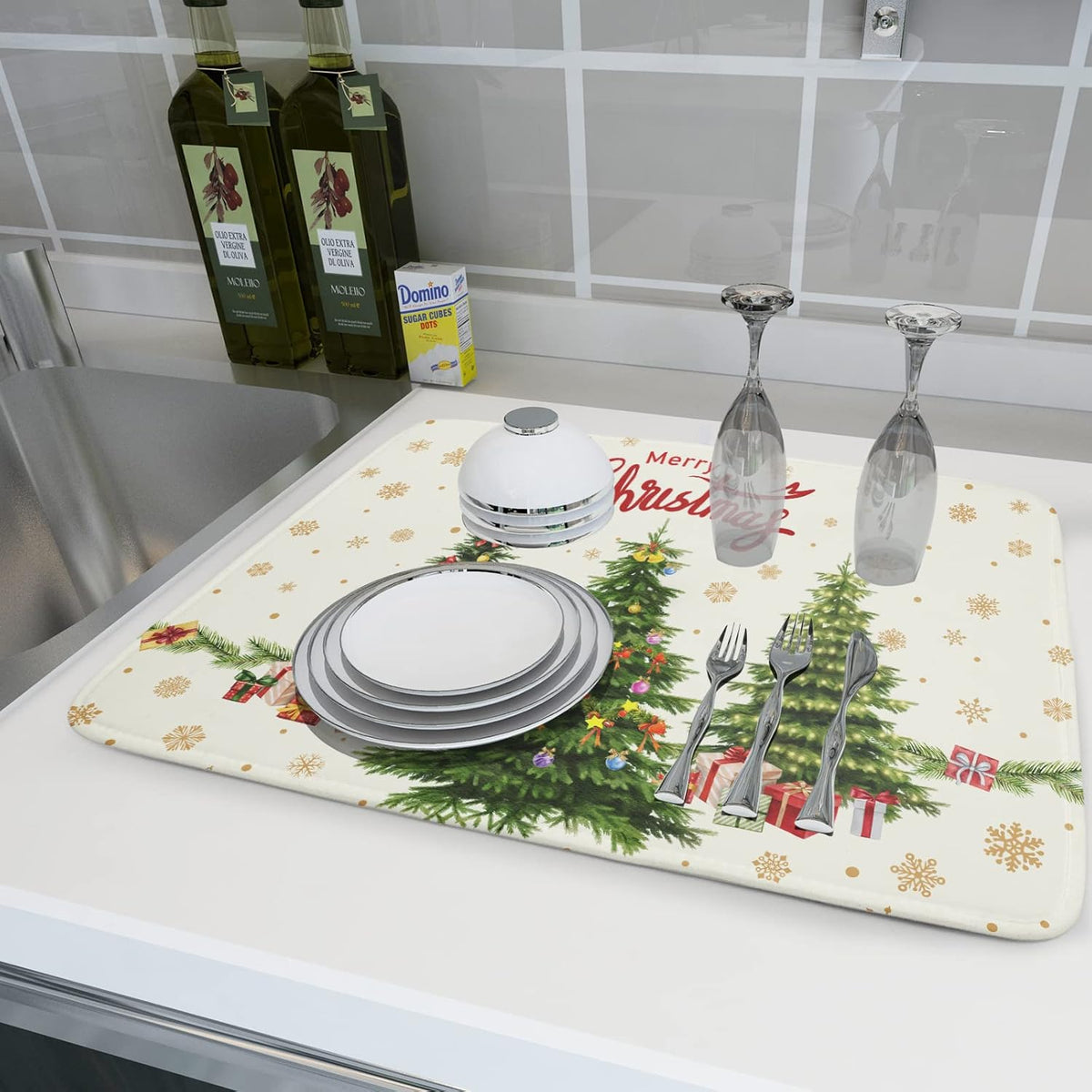 Christmas Tree Dish Drying Mat 18x24 for Winter Xmas Tree Snowflake Kitchen Counter Decor Absorbent