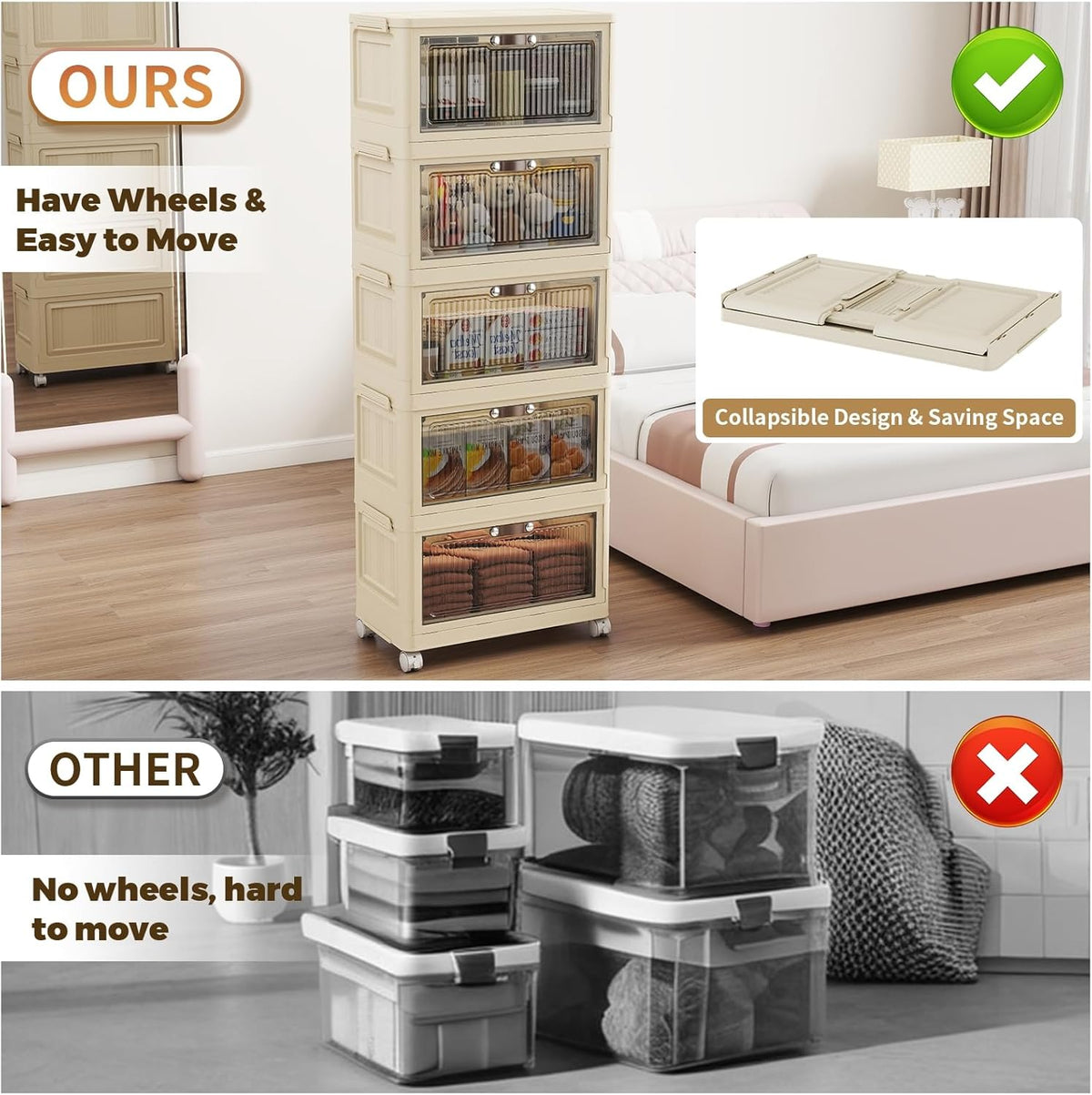 5 Tier - 48QT Storage Bins with Lids, Collapsible Storage Bins with Doors and Wheels, Plastic