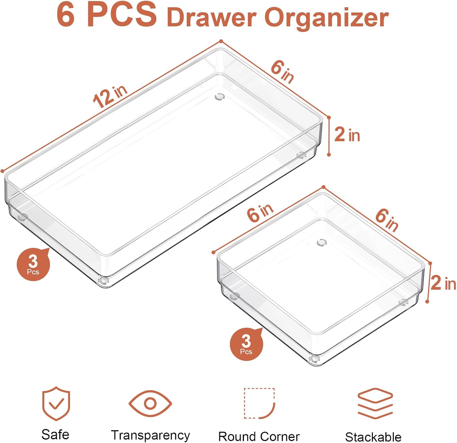 SMARTAKE 6 PCS Clear Plastic Drawer Organizers Set, Large Size Non-Slip Desk Drawer Organizer