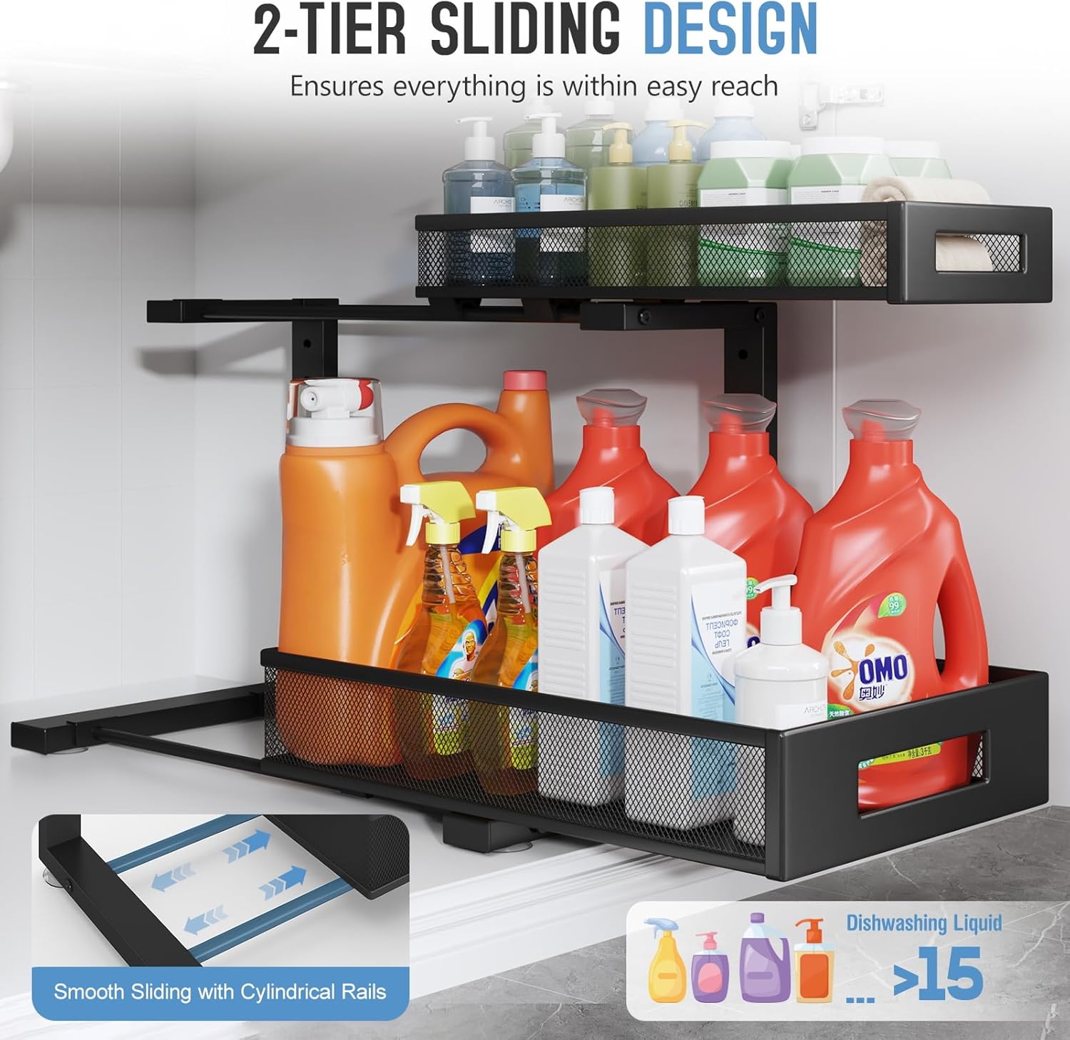 1 Pack 17IN Depth Under Sink Storage Organizer, Large 2-Tier Elegant Mesh Pull Out Shelf for