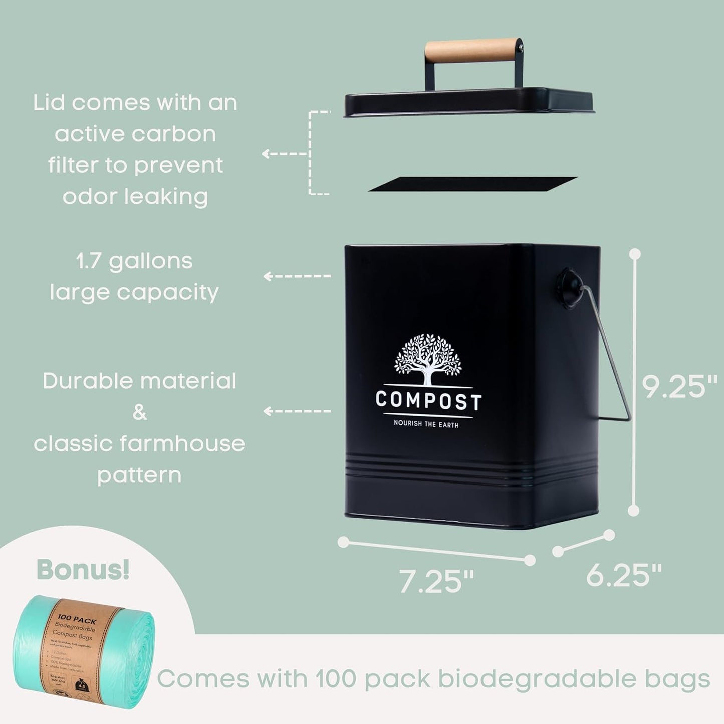 PERFNIQUE Kitchen Compost Bin, 1.7 Gallon Countertop Compost Bin with Lid, Indoor Compost Bin