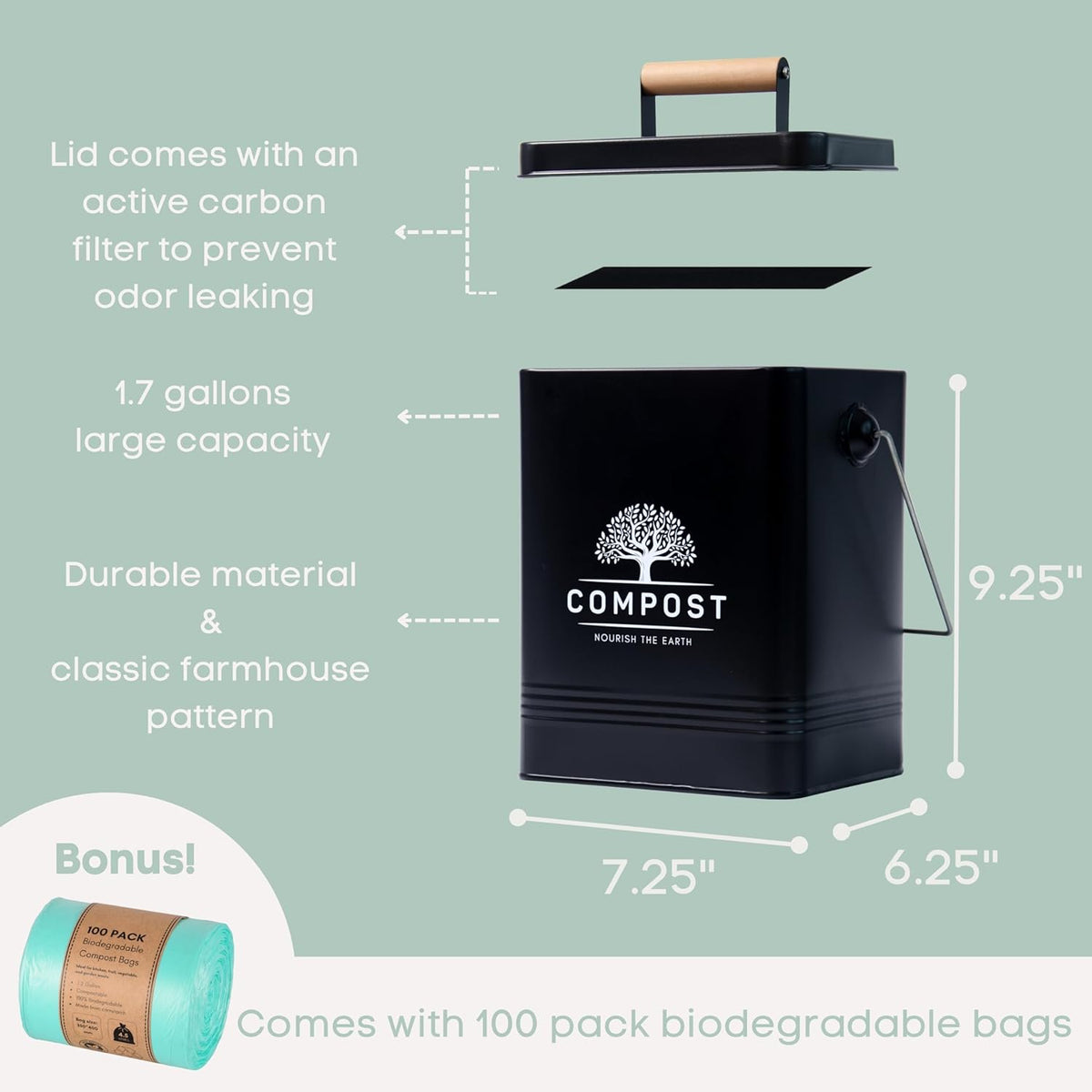 PERFNIQUE Kitchen Compost Bin, 1.7 Gallon Countertop Compost Bin with Lid, Indoor Compost Bin