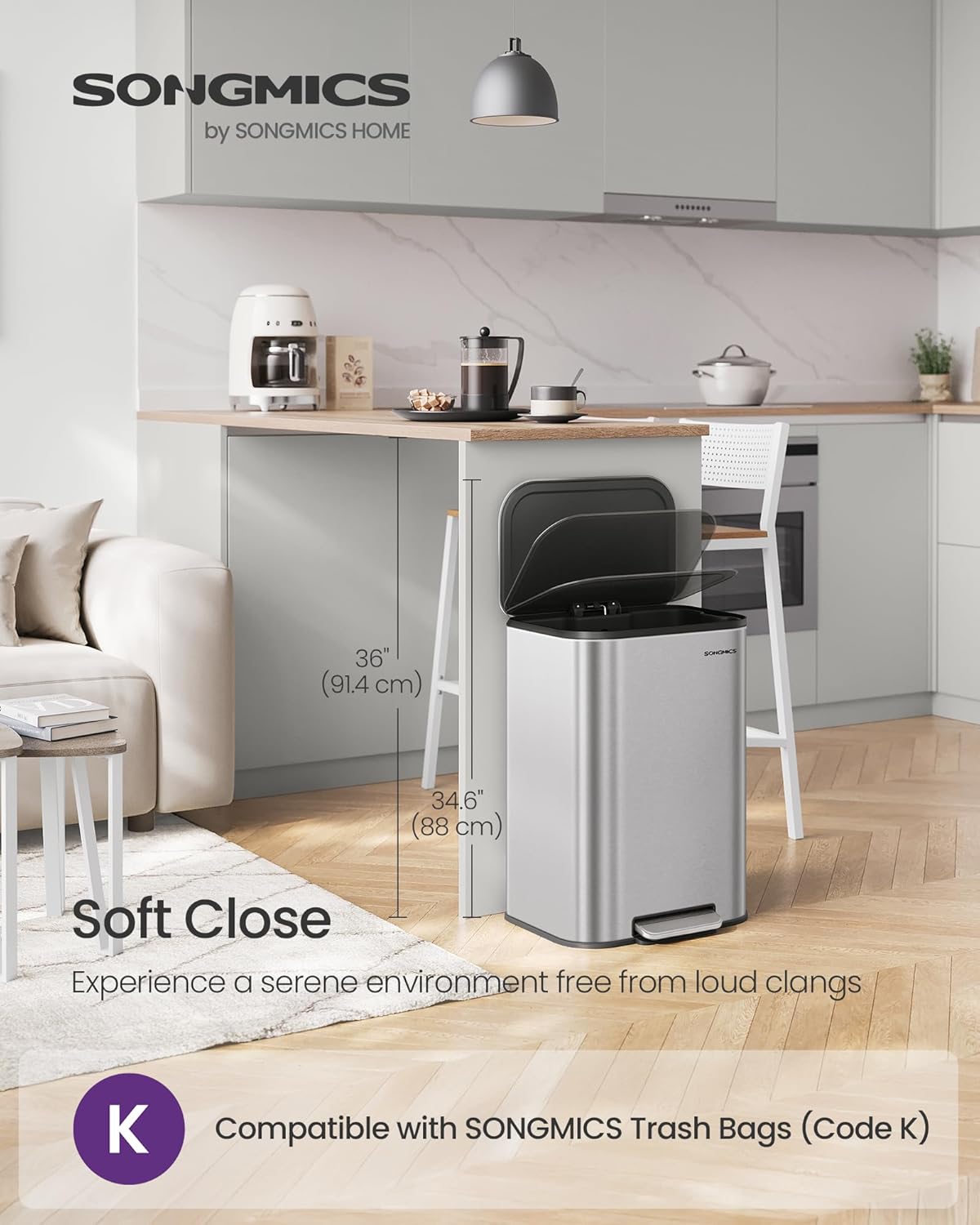 SONGMICS Kitchen Trash Can, 13-Gallon (50 L) Garbage Can with Lid, Stainless Steel, Soft Close and