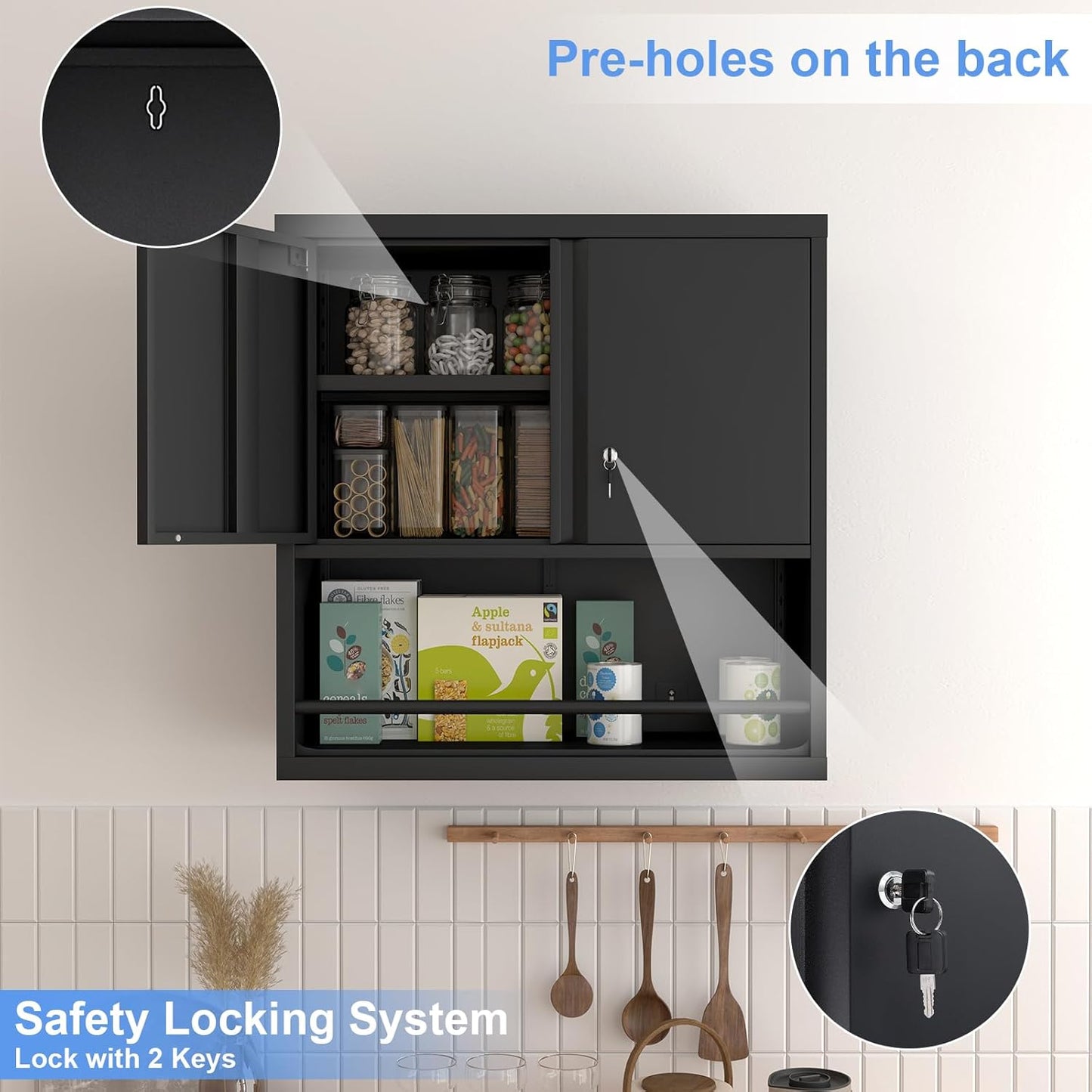 Locking Cabinet, Black Wall Storage Cabinet with Shelves, Hanging Cabinets with Open Storage, Small