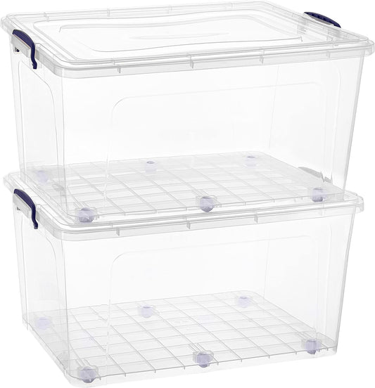 Superio Clear Storage Boxes with Wheels (2 Pack), 85 Qt Heavy Duty Containers with Lids, Stackable