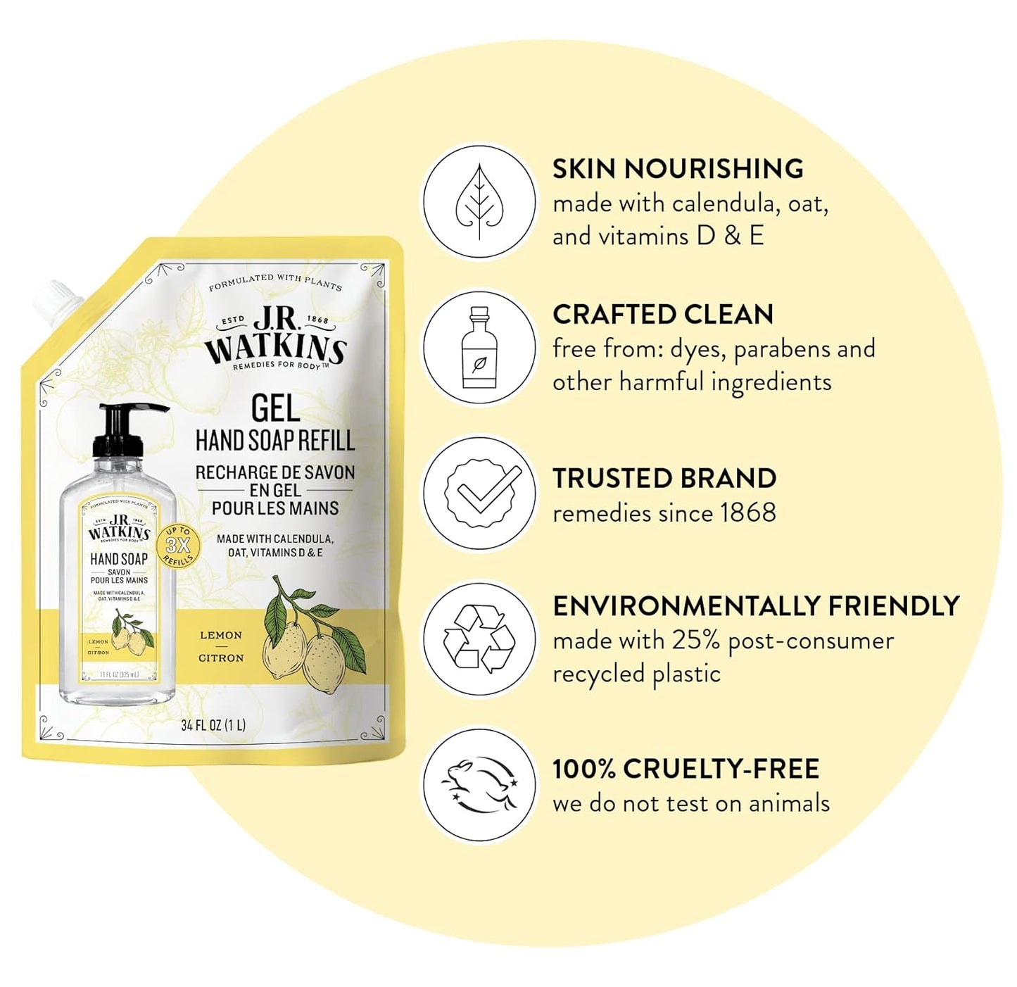 J.R. Watkins Gel Hand Soap Refill Pouch, Scented Liquid Hand Wash for Bathroom or Kitchen, USA Made