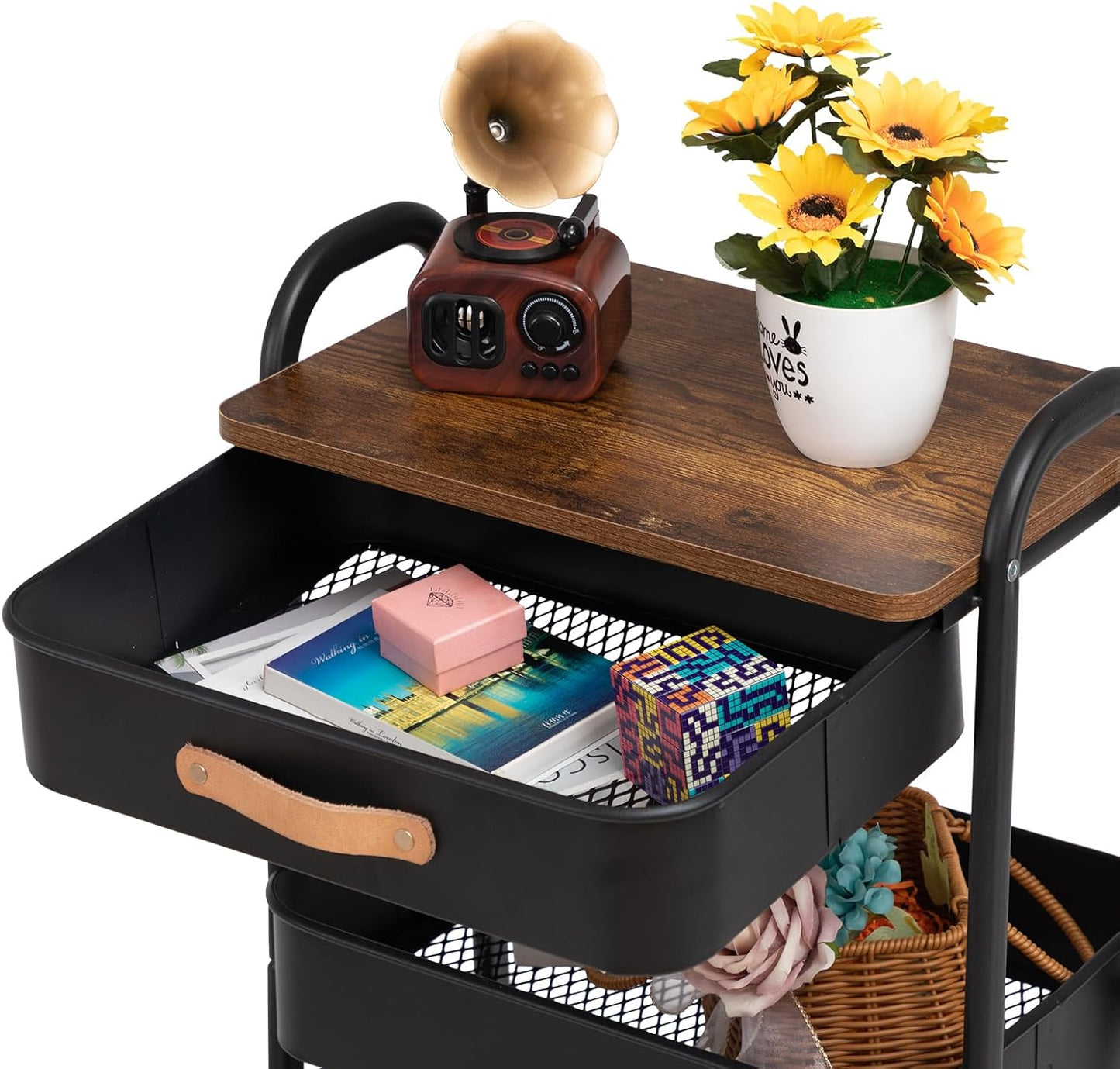 AGTEK Movable Rolling Organizer Cart with Drawer, 3 Tier Metal Utility Cart with Hanging Cups