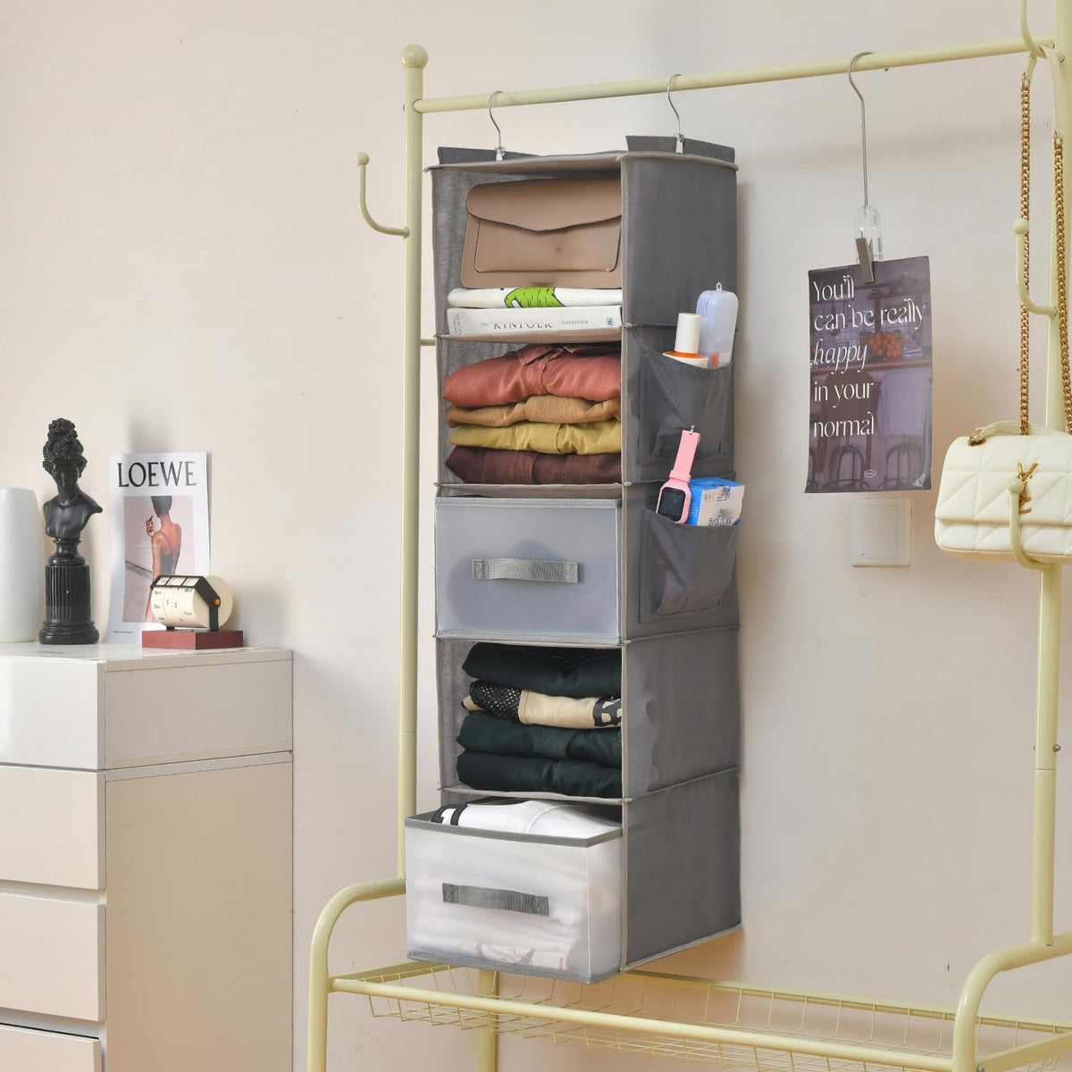 5-Tier Hanging Organizer for Closet, Fabric Closet Organizer with 2 Hooks, 2 Pull-Out Drawers