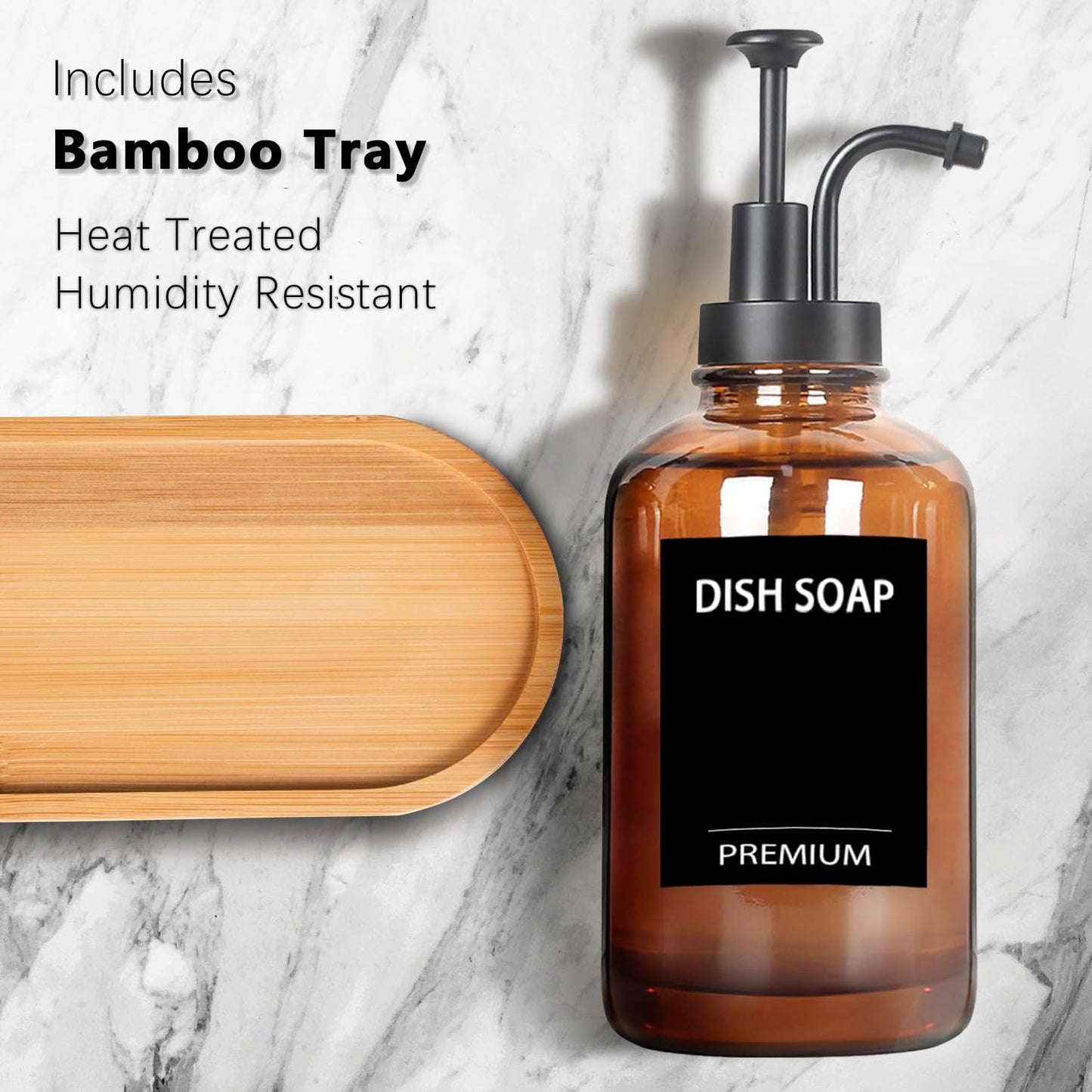 Amber 18 Oz Dish Soap Dispenser for Kitchen, Ultra-Thick Glass Soap Dispenser Set with Tray, Pump