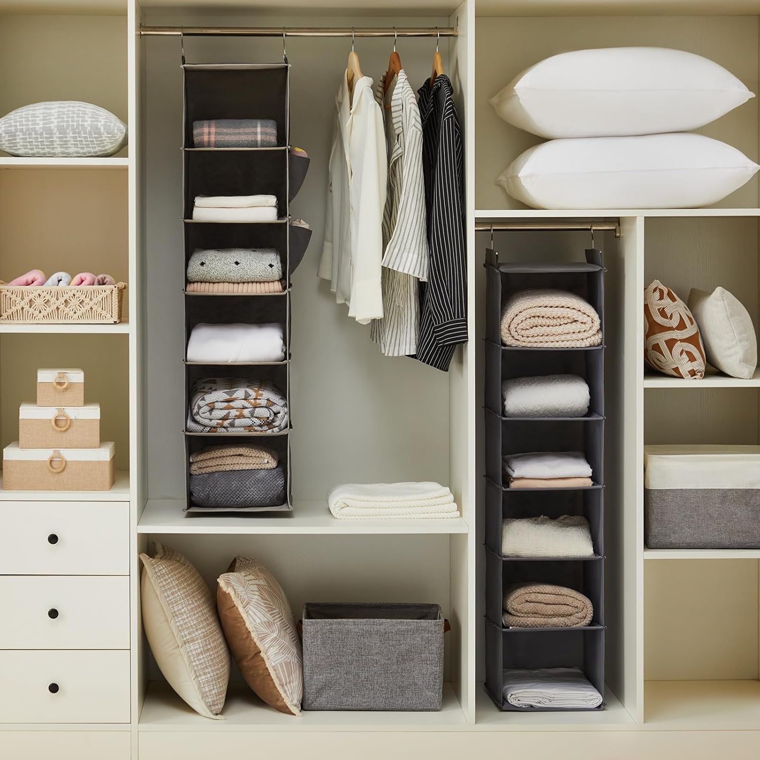 YOUDENOVA Hanging Closet Organizer, 6-Shelf Closet Hanging Storage Shelves, 2 Packs, Grey
