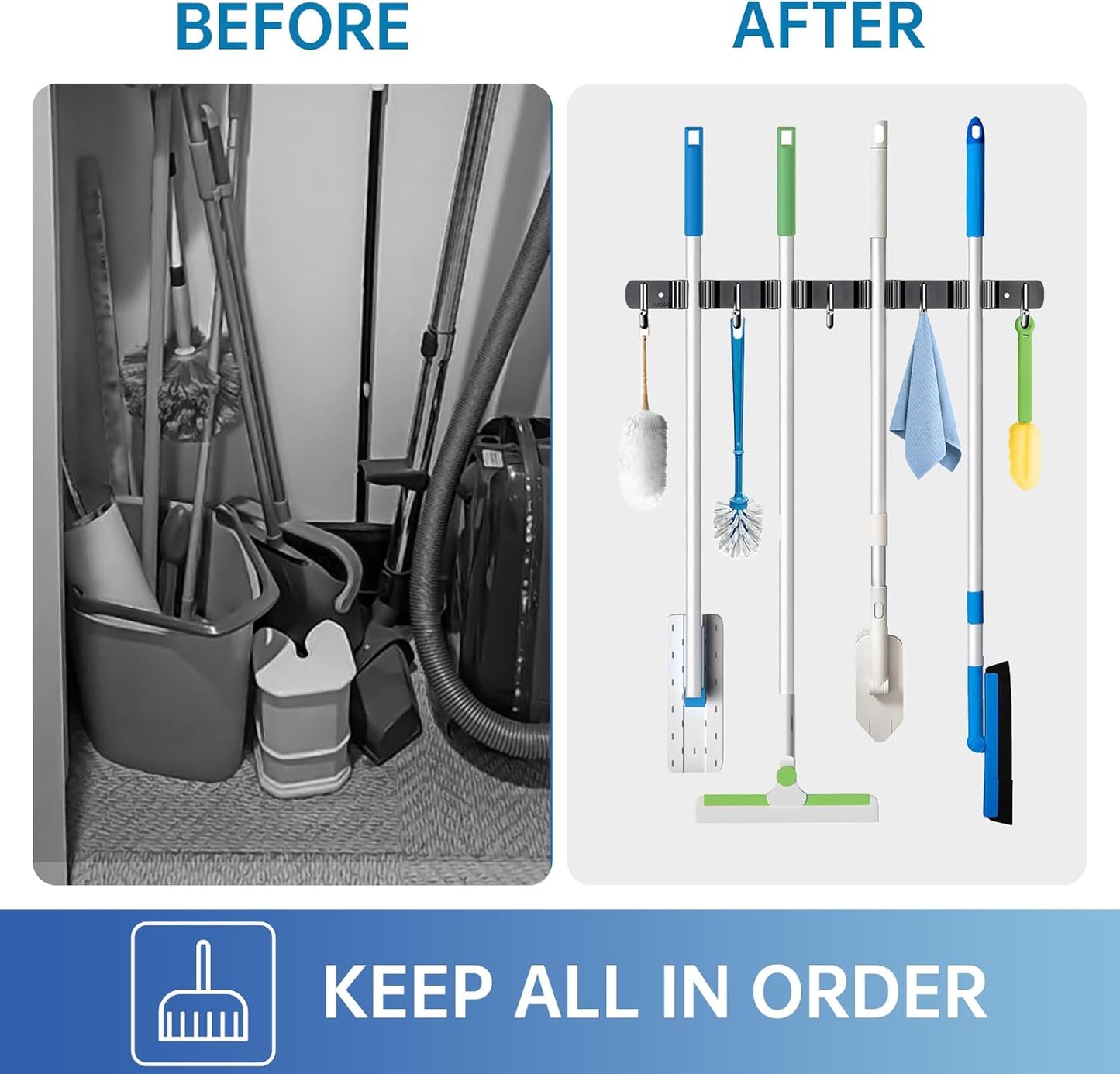 ZONGOOL 2 Pack Broom Holder Wall Mount, 4 Racks and 5 Hooks Mop Hanger Wall Mount Broom Organizer
