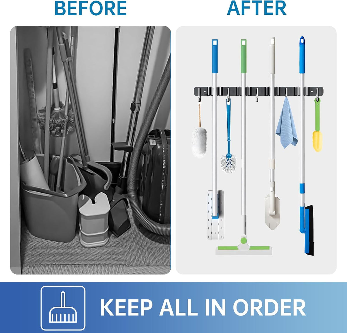 ZONGOOL 2 Pack Broom Holder Wall Mount, 4 Racks and 5 Hooks Mop Hanger Wall Mount Broom Organizer
