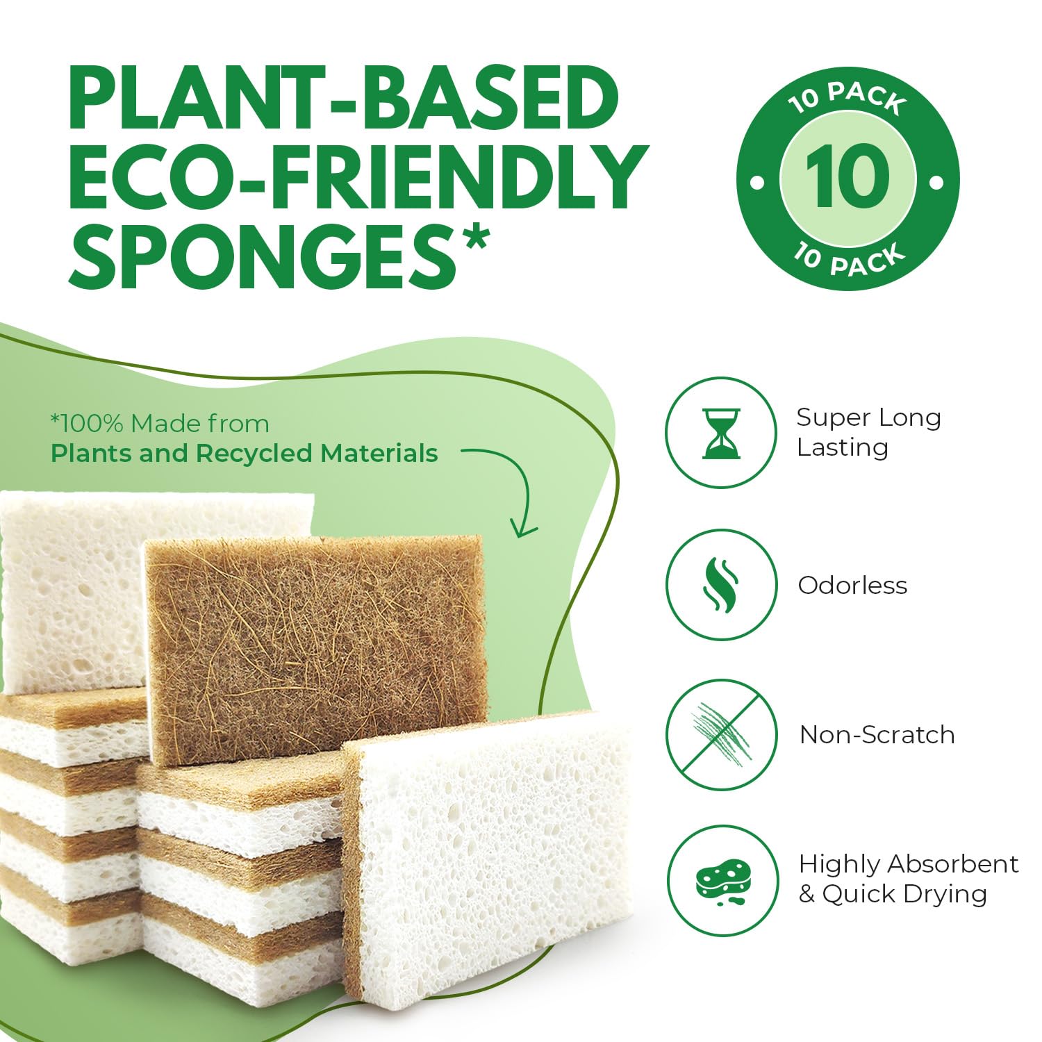 10 Pack Biodegradable Natural Kitchen Sponge - Compostable Cellulose and Coconut Walnut Scrubber