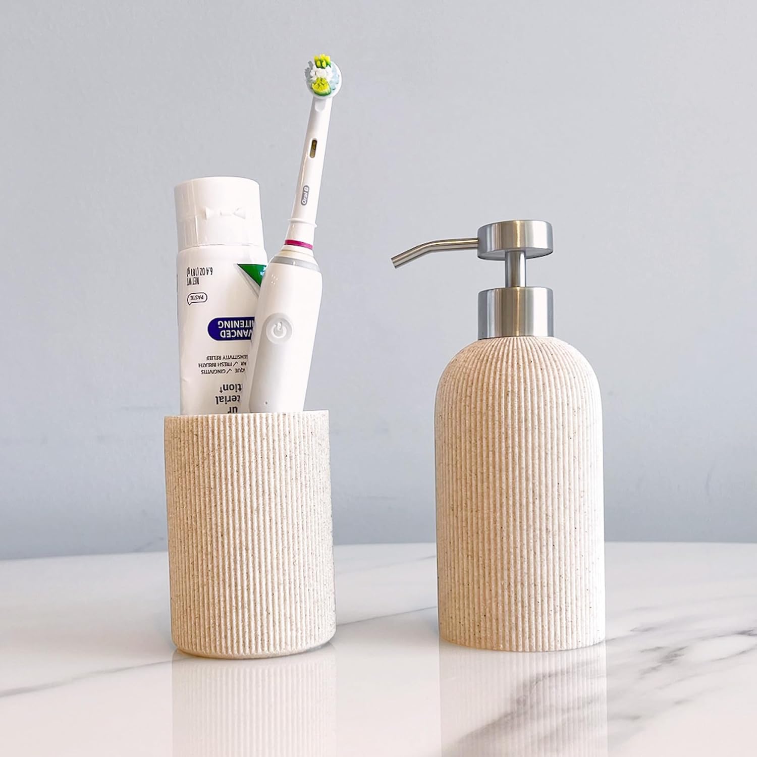 Small Sand Beige Toothbrush Holder for Bathroom Countertop, Modern Boho Farmhouse Style