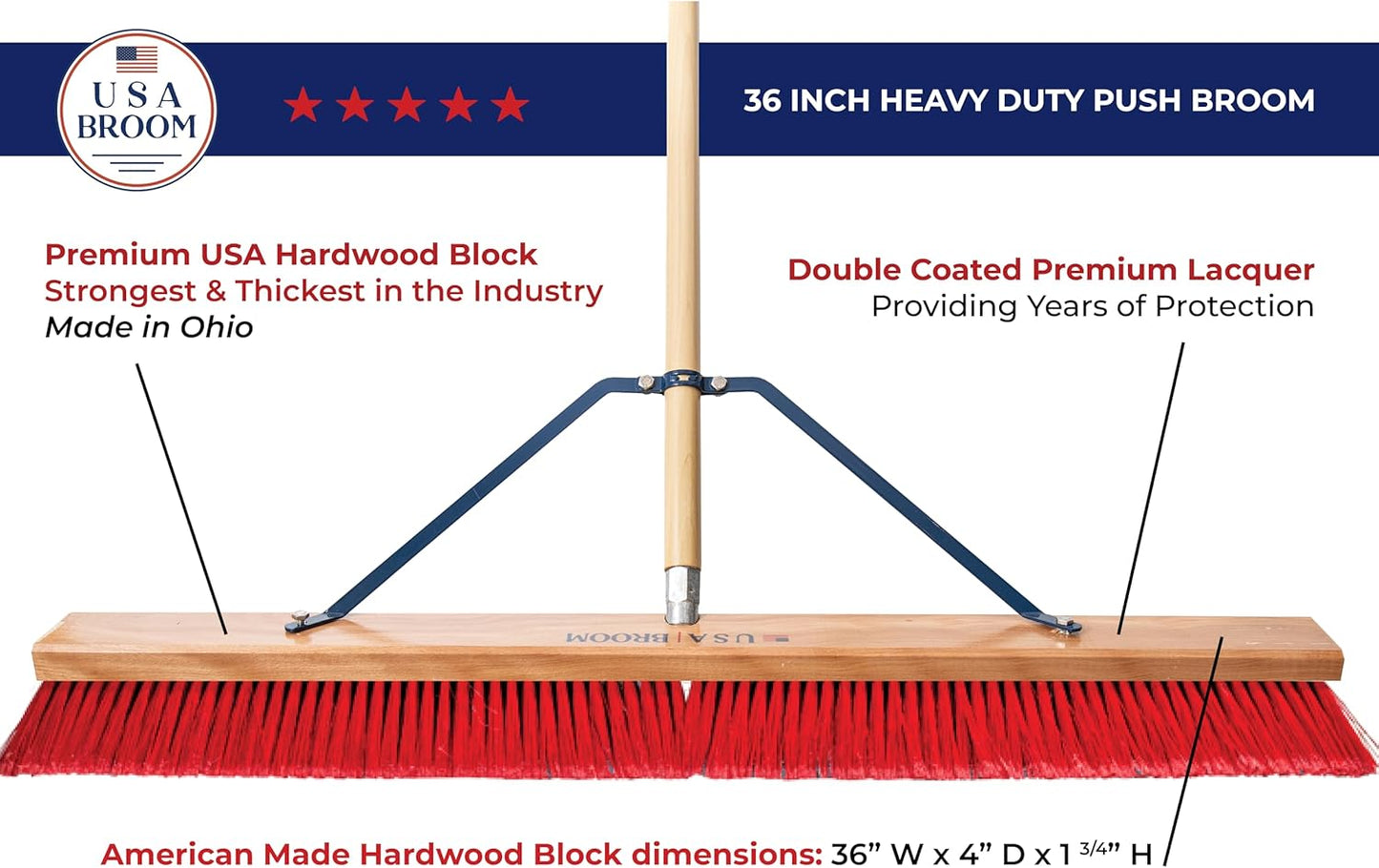 USA Broom 36" Everyday Sweep Indoor/Outdoor Push Broom with 60" Handle. Ideal for Garages & Shops.