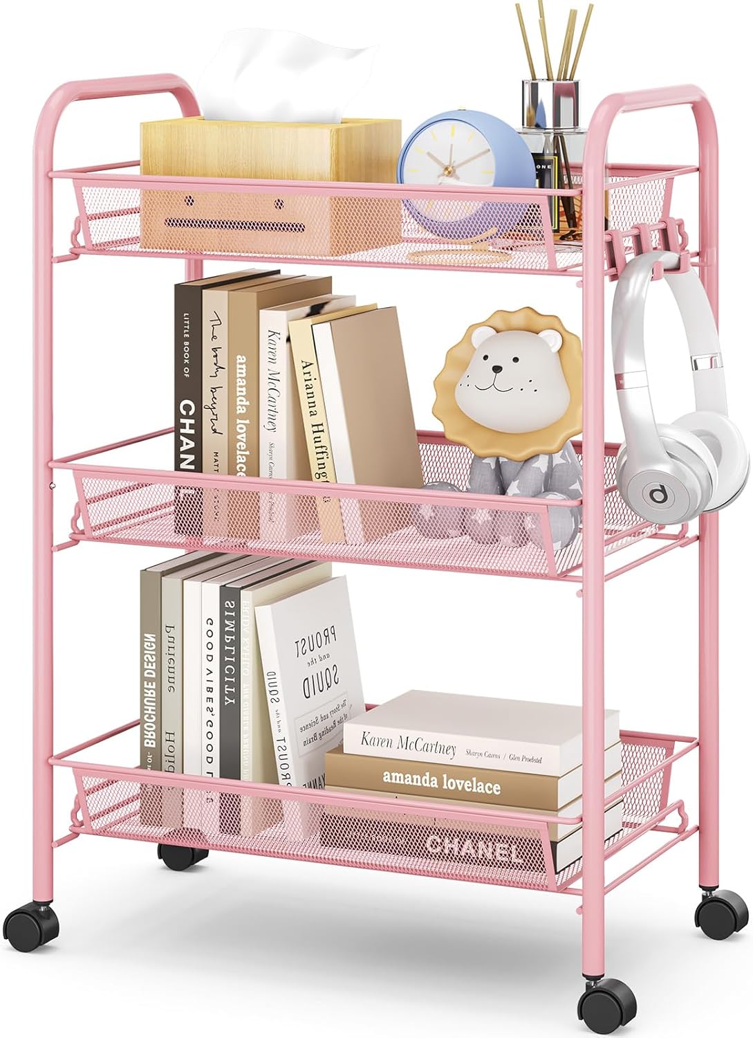 TOOLF 3 Tier Rolling Utility Cart - Durable Metal Design Pink Utility Cart, Storage Trolley on