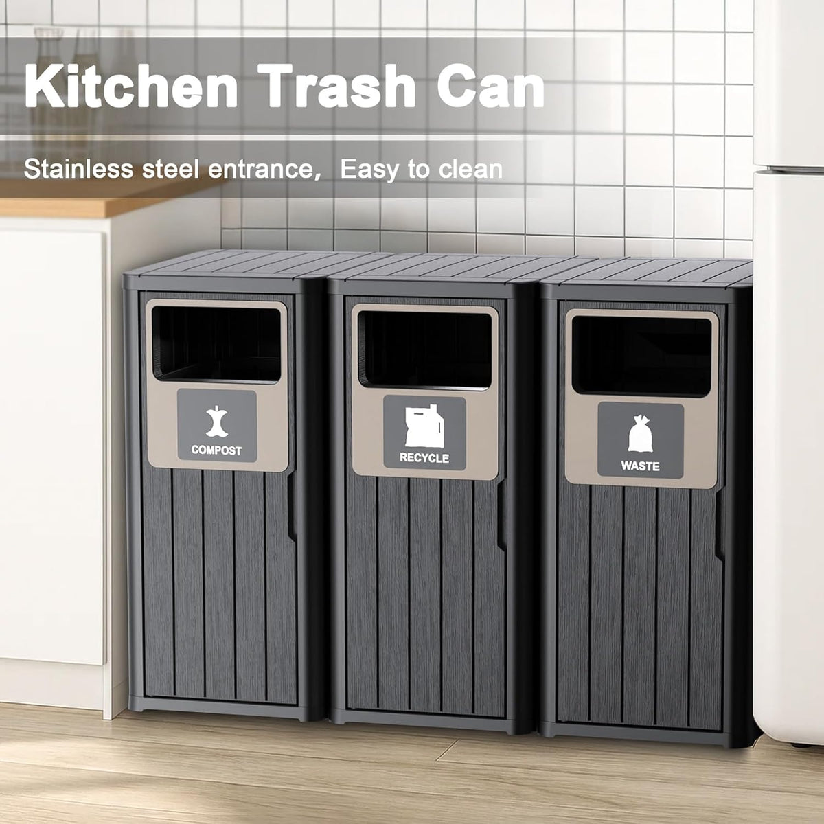 Outdoor Three Barrel Trash Can,Waterproof Resin Garbage Can with Garbage Labels,Durable Waste Bin