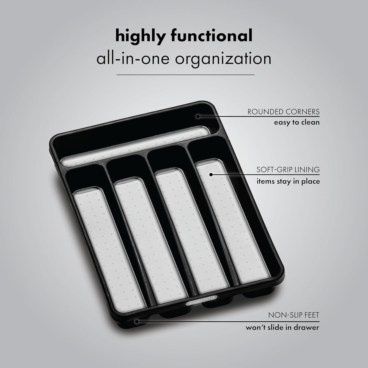 madesmart Classic Mini Silverware Tray, Soft Grip, Non-Slip Kitchen Drawer Organizer, 5