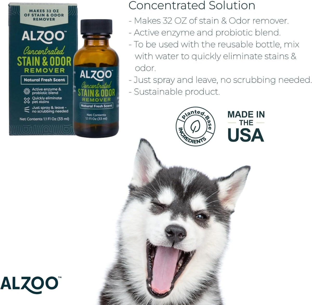 ALZOO Concentrated Stain & Odor Remover Refill Bottle, 100% Plant-Based Active Ingredients, 1.1 Fl.