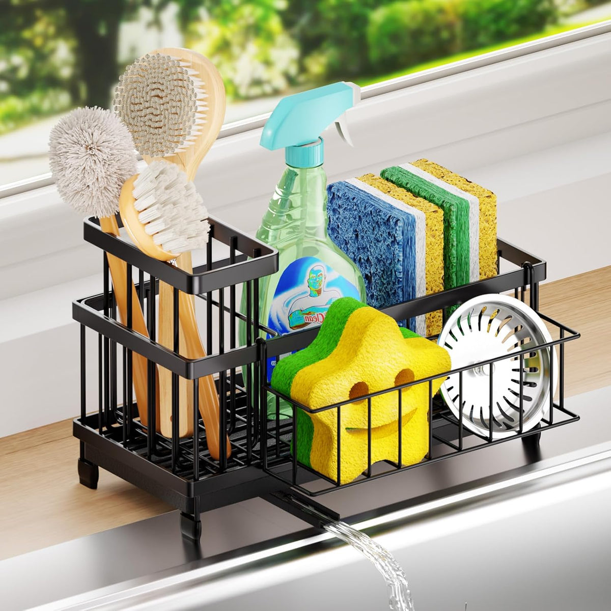 SWTYMIKI Sink Caddy Sponge Holder - Large Sponge Holder for Kitchen Sink with 360°Auto-Drain Tray