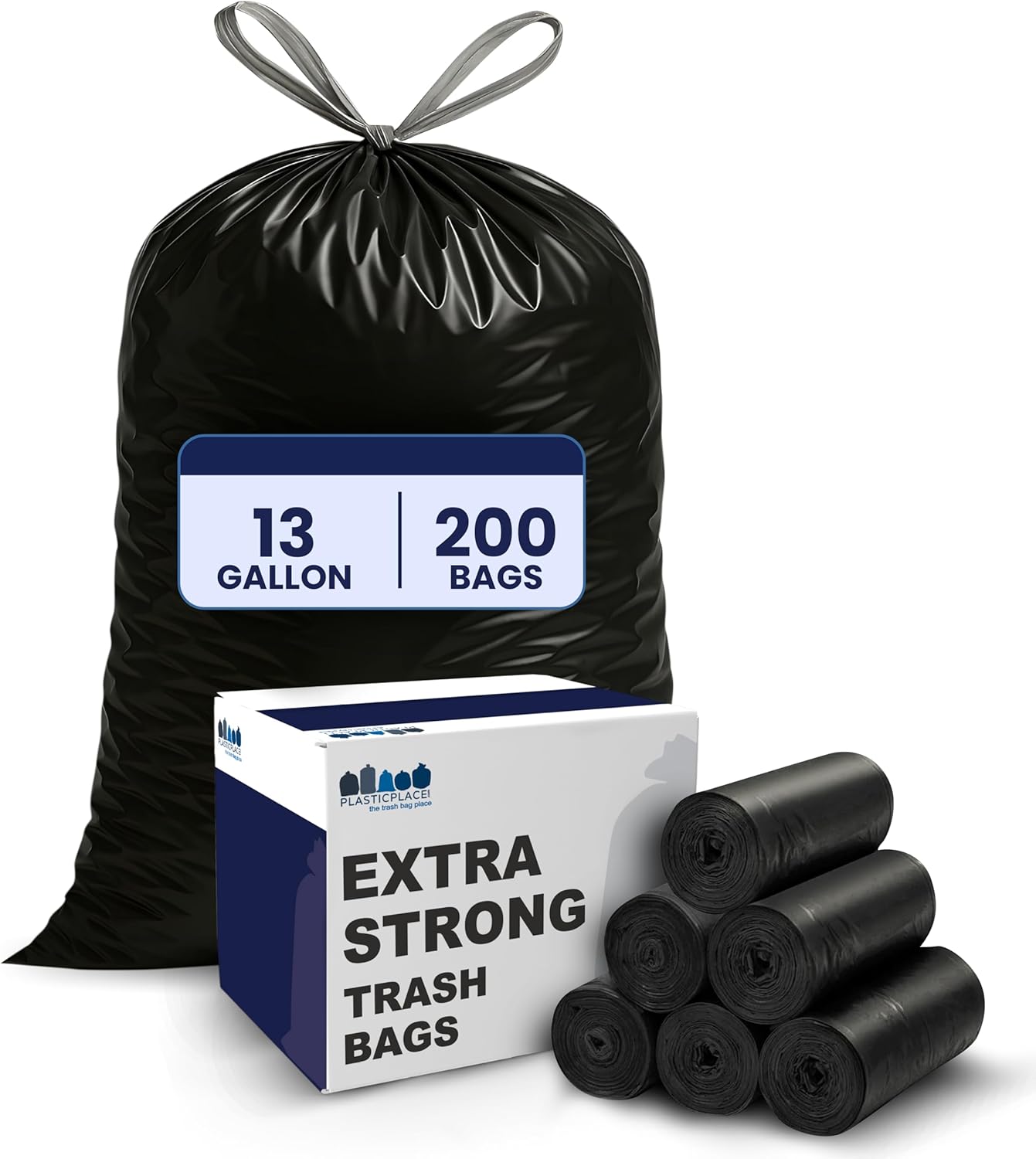 Plasticplace 13 gallon Extra Tall Drawstring Kitchen Trash Bags | Black 1.2 Mil, 24"W x 31"H