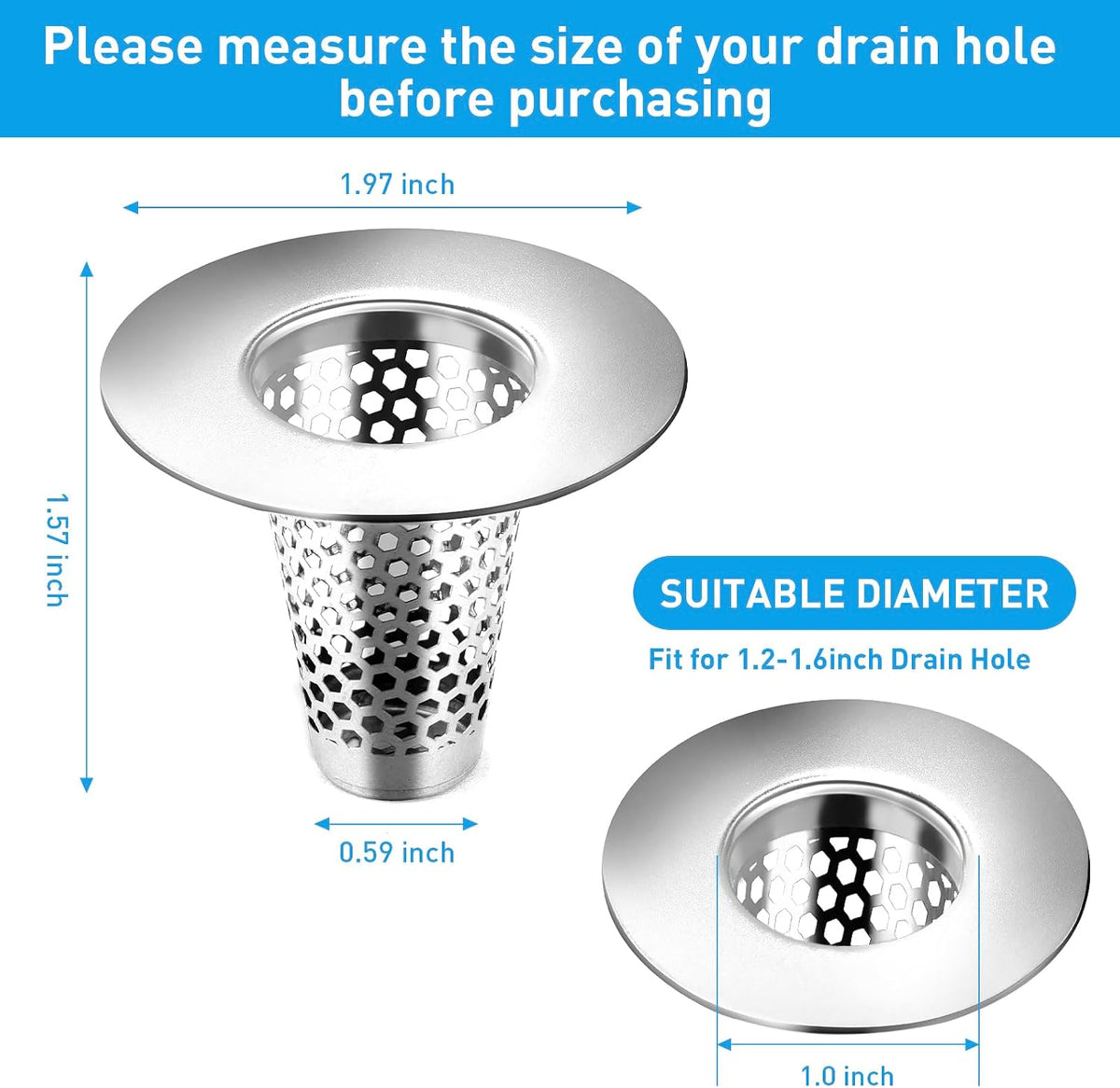 2PCS Bathroom Sink Drain Strainers, 1" Small Conical Premium Stainless Steel Porous Hair Catcher