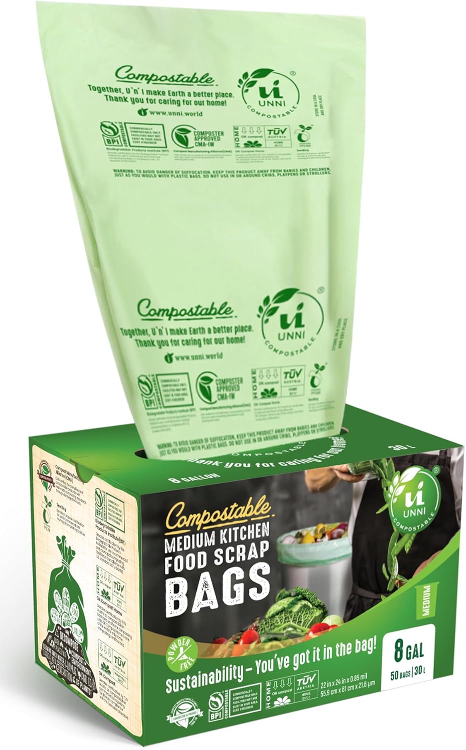 UNNI Compostable Trash Bags, 8 Gallon / 30 Liter, 200 Count Value Pack, Extra Thick 0.85 mil Medium