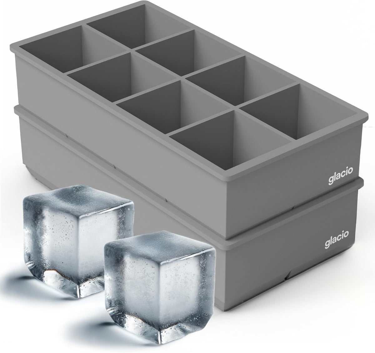 glacio Ice Cube Molds – 2-Pack Silicone Trays for 8 Large Square Cubes – Slow-Melt Ice for Whiskey