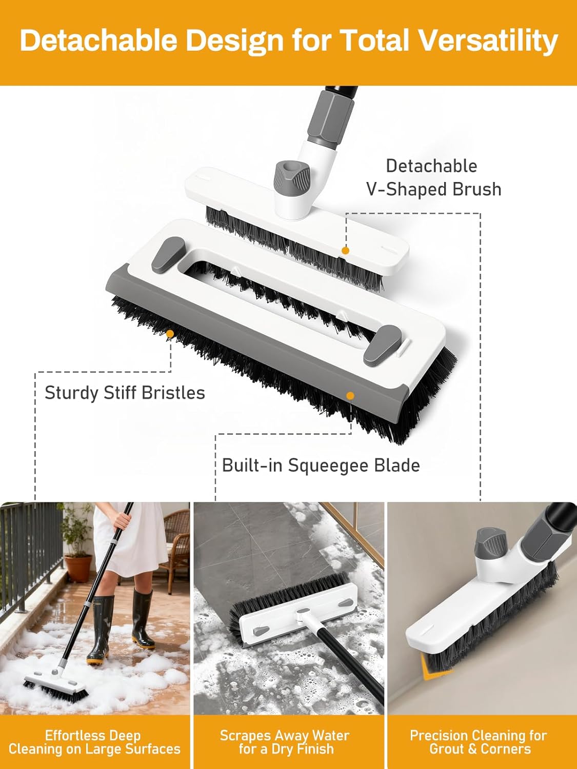 3 in 1 Floor Scrub Brush with Long Handle 55" Push Broom Stiff Bristle Scrubber Brush Squeegee