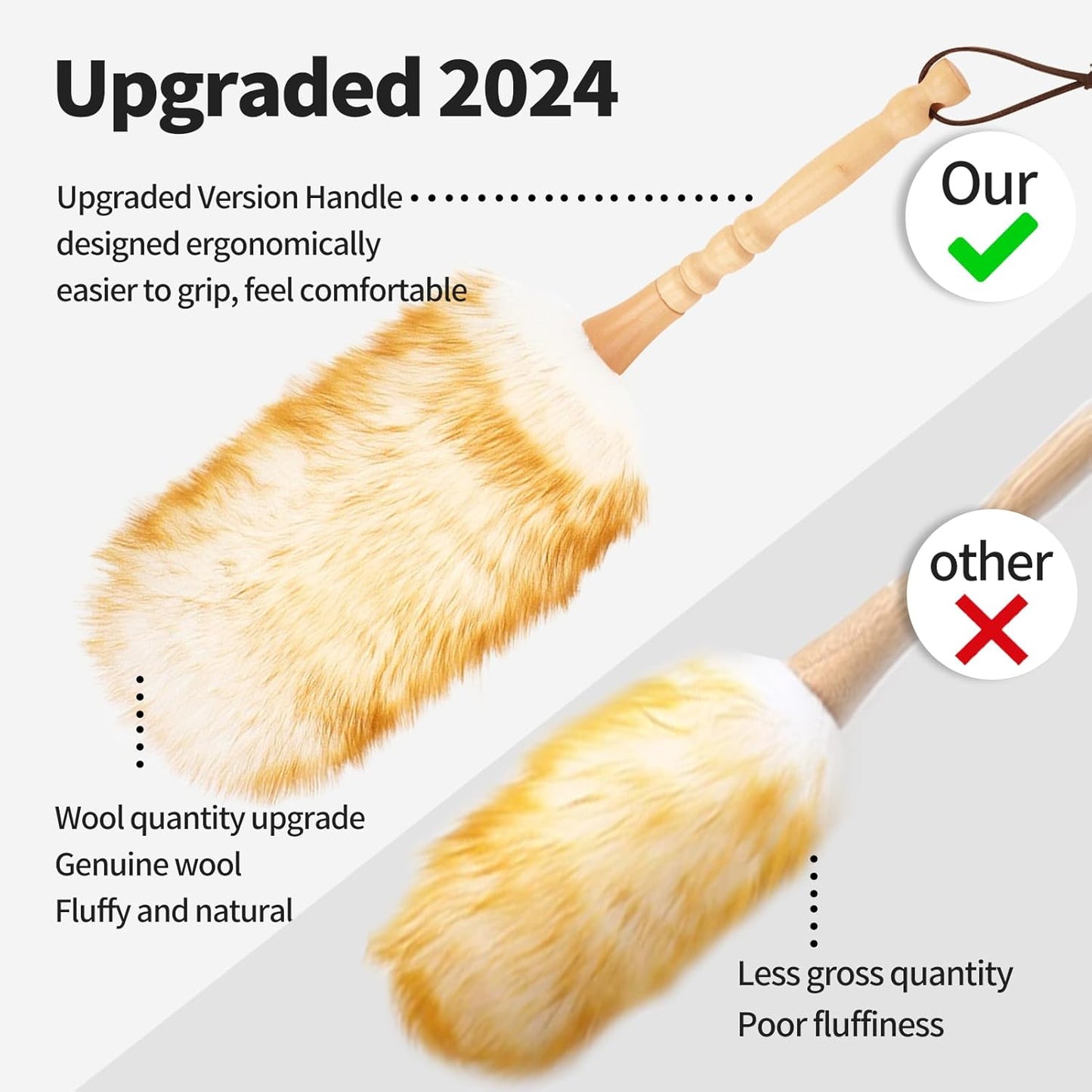 Lambswool Duster with Solid Wooden Handle,Leather Hang Strap,Comfortable Grips 19.6 inch Long